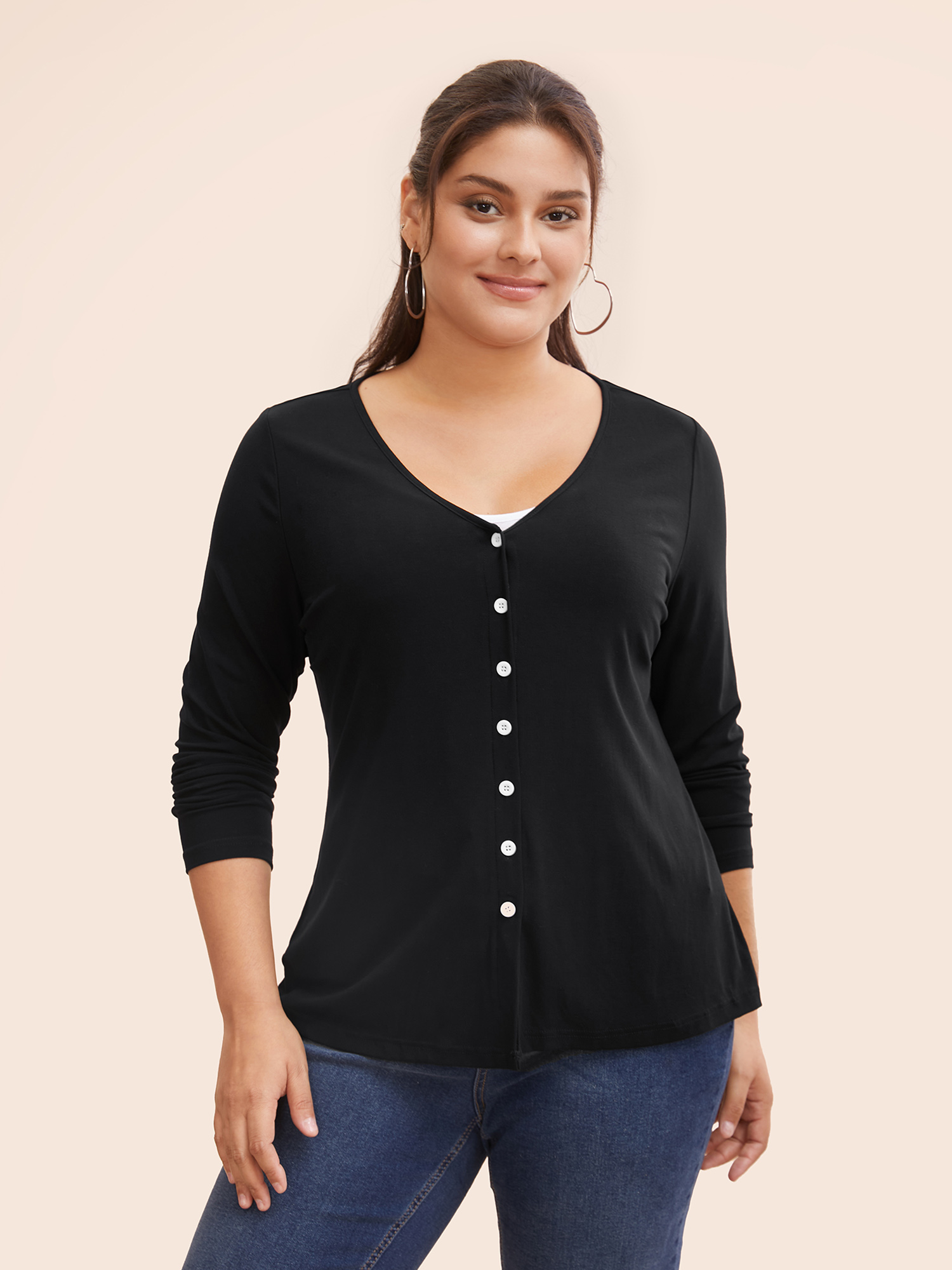 

Plus Size Supersoft Essentials Button Up Rib Knit T-shirt Black Women Casual Button V-neck Bodycon Everyday T-shirts BloomChic