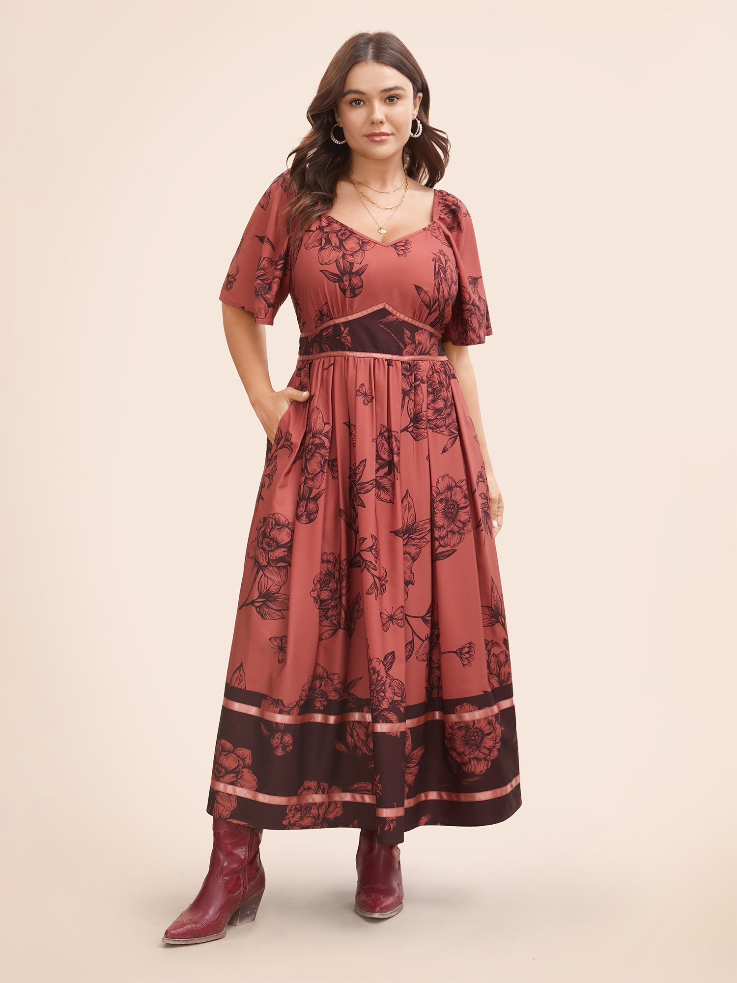 

Plus Size Boho Print Heart Neckline Ruffle Sleeve Maxi Dress Burgundy Women Elegant Woven ribbon&lace trim Square Neck Short sleeve Curvy BloomChic