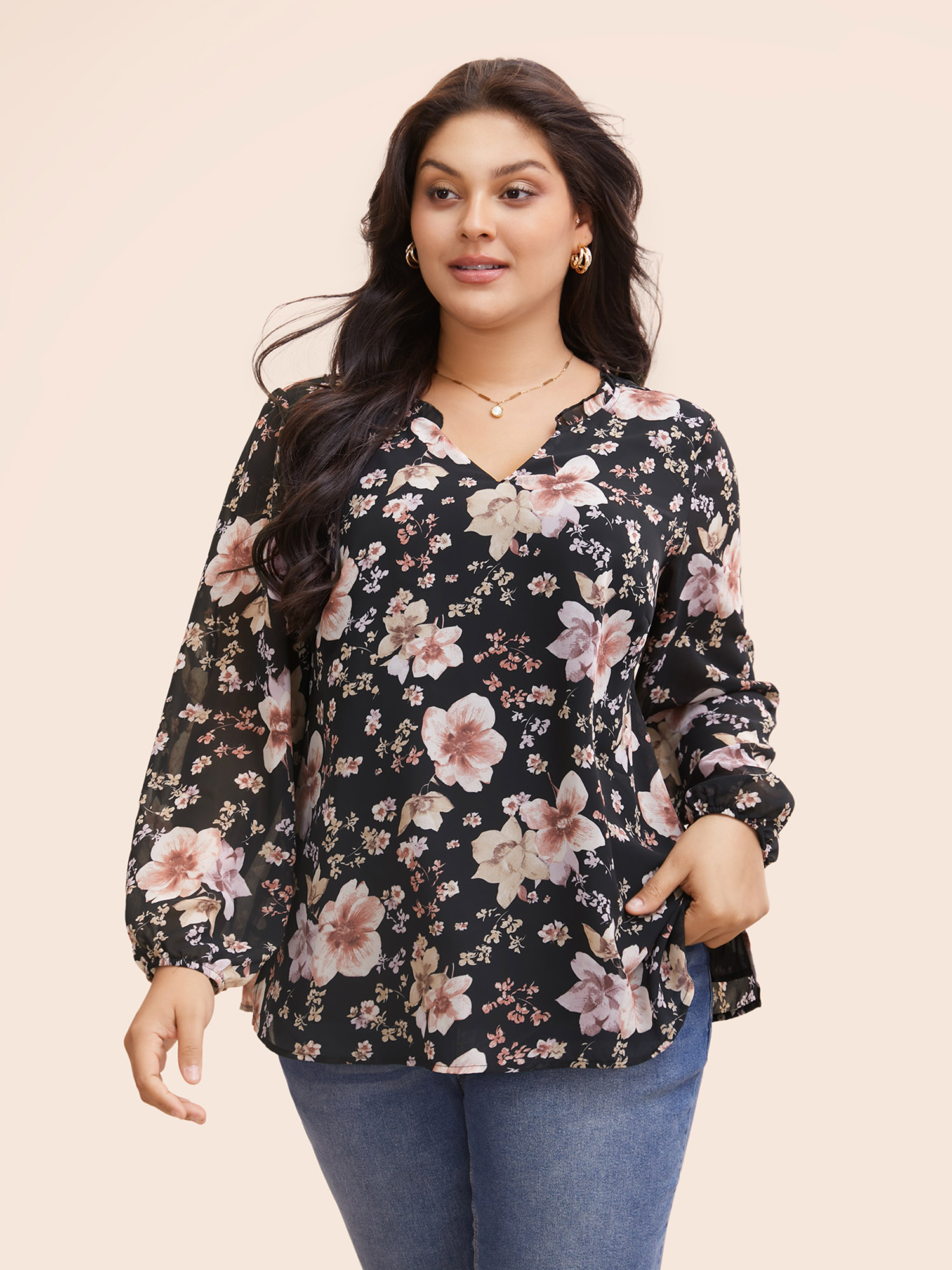 

Plus Size Black Chiffon Floral Notched Ruffle Trim Blouse Women Elegant Long Sleeve Notched collar Everyday Blouses BloomChic