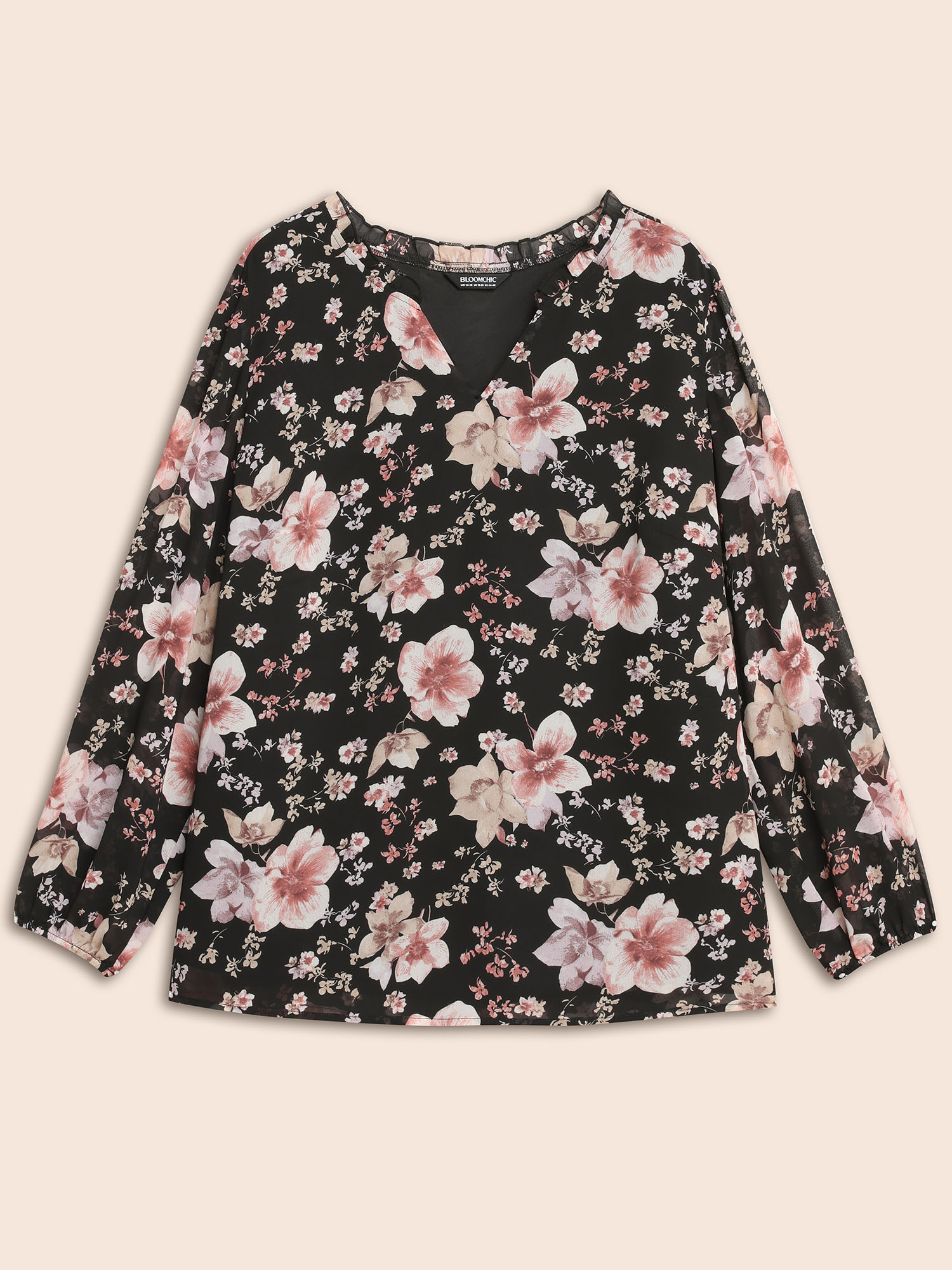 

Plus Size Black Chiffon Floral Notched Ruffle Trim Blouse Women Elegant Long Sleeve Notched collar Everyday Blouses BloomChic