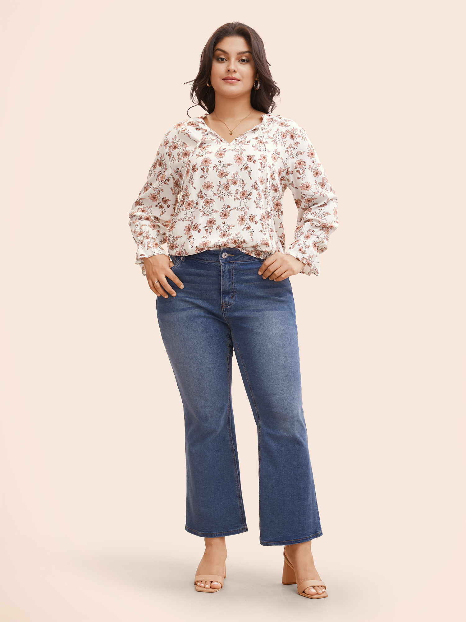Plus Size Multicolor Floral Tie Knot Ruffle Trim Blouse Women Elegant Long Sleeve V-neck Everyday Blouses BloomChic 10/M 