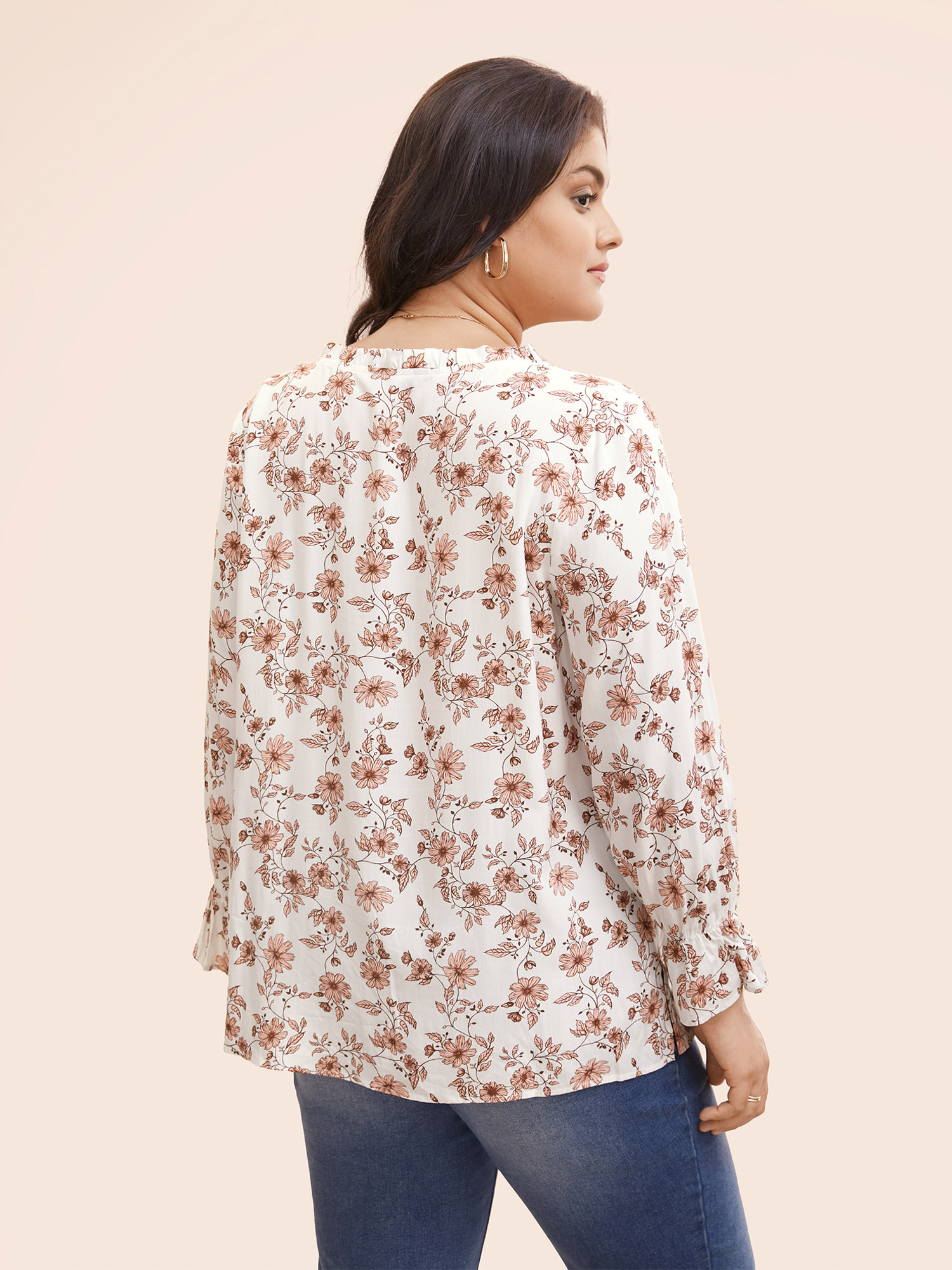Plus Size Multicolor Floral Tie Knot Ruffle Trim Blouse Women Elegant Long Sleeve V-neck Everyday Blouses BloomChic 10/M 