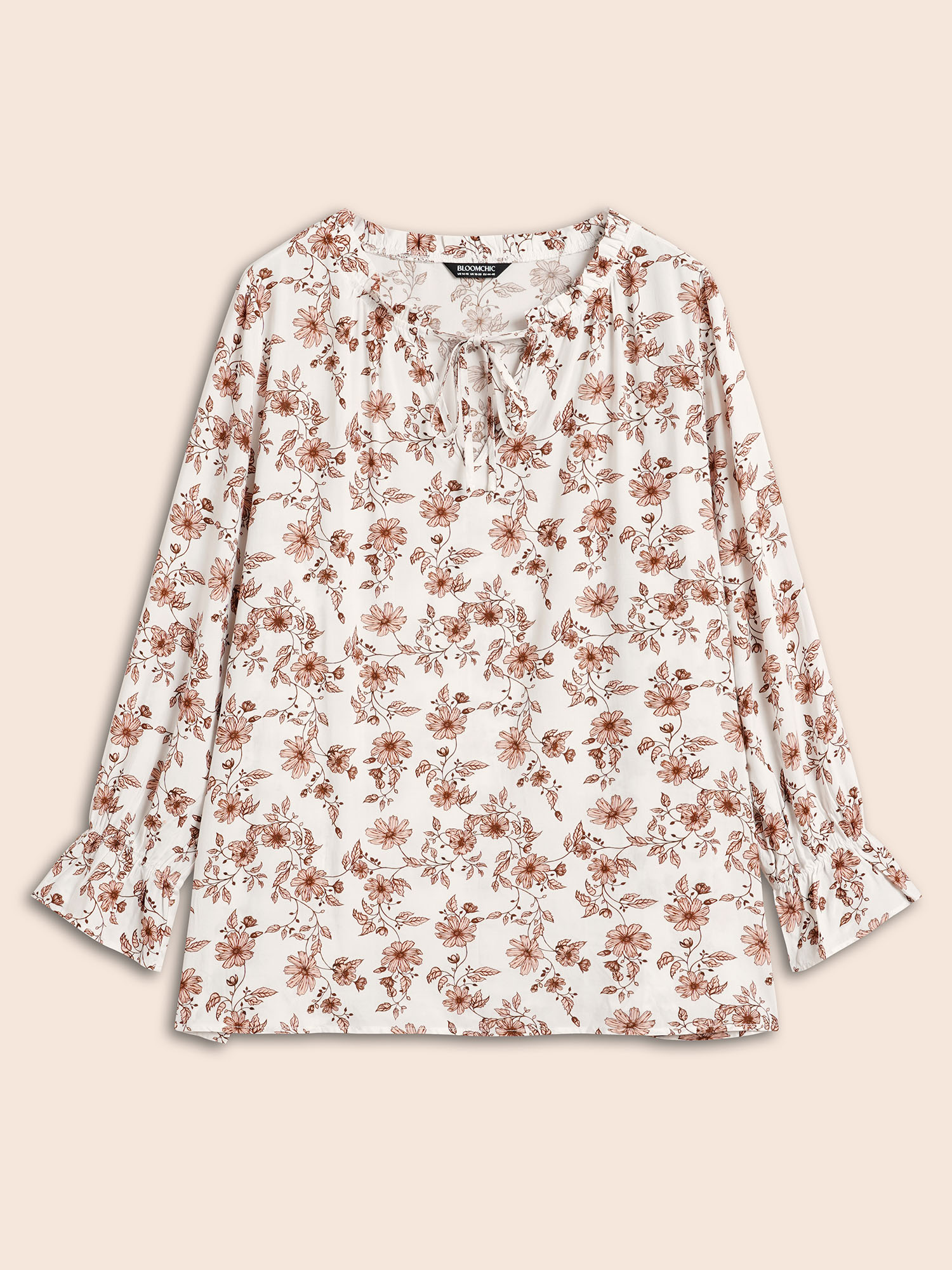 Plus Size Multicolor Floral Tie Knot Ruffle Trim Blouse Women Elegant Long Sleeve V-neck Everyday Blouses BloomChic 10/M 