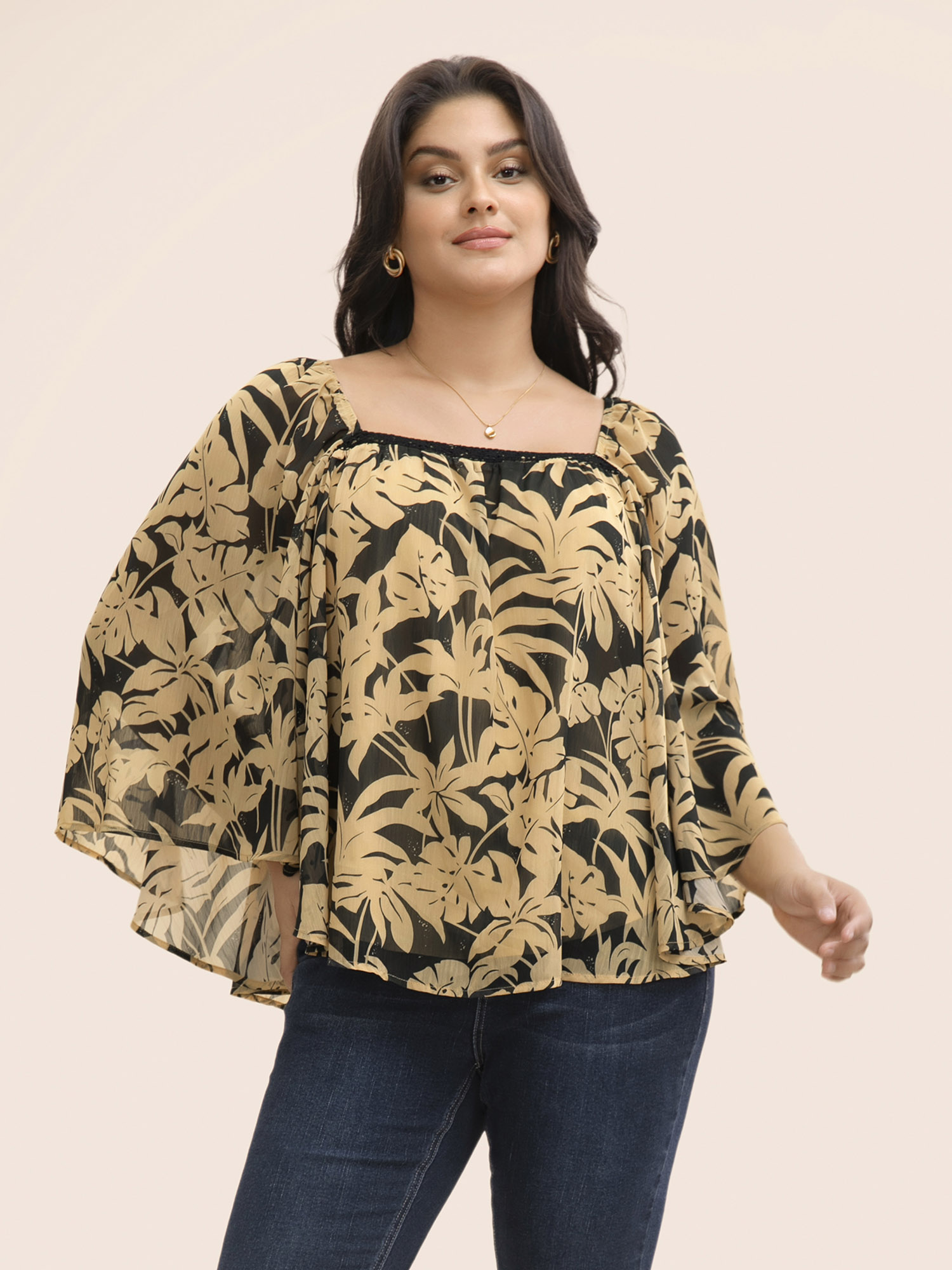 

Plus Size Black Silhouette Floral Print Batwing Sleeve Contrast Webbing Blouse Women Elegant Elbow-length sleeve Square Neck Everyday Blouses BloomChic