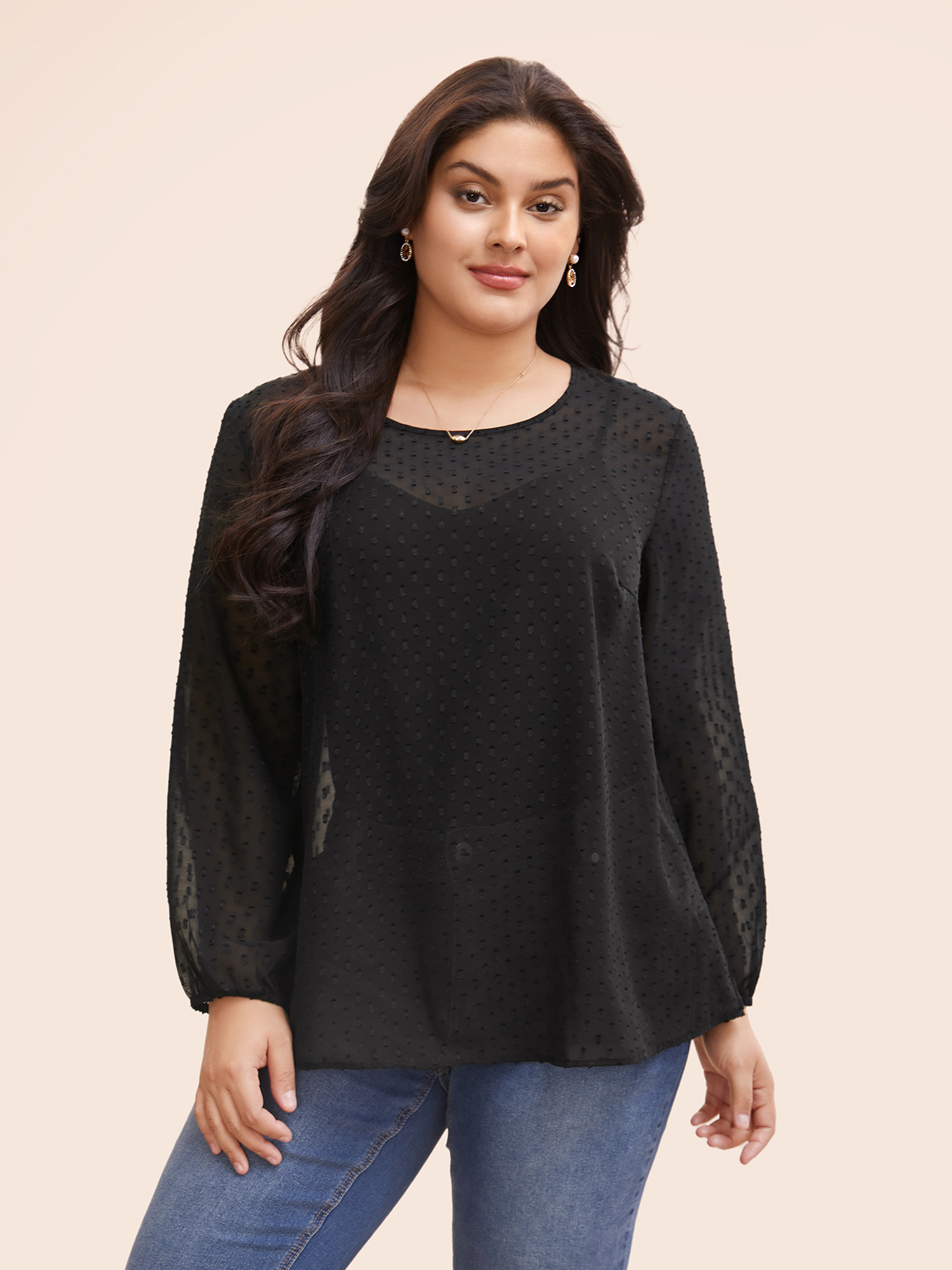 

Plus Size Black Appliques Mesh Round Neck Lantern Sleeve Blouse Women Elegant Long Sleeve Round Neck Everyday Blouses BloomChic