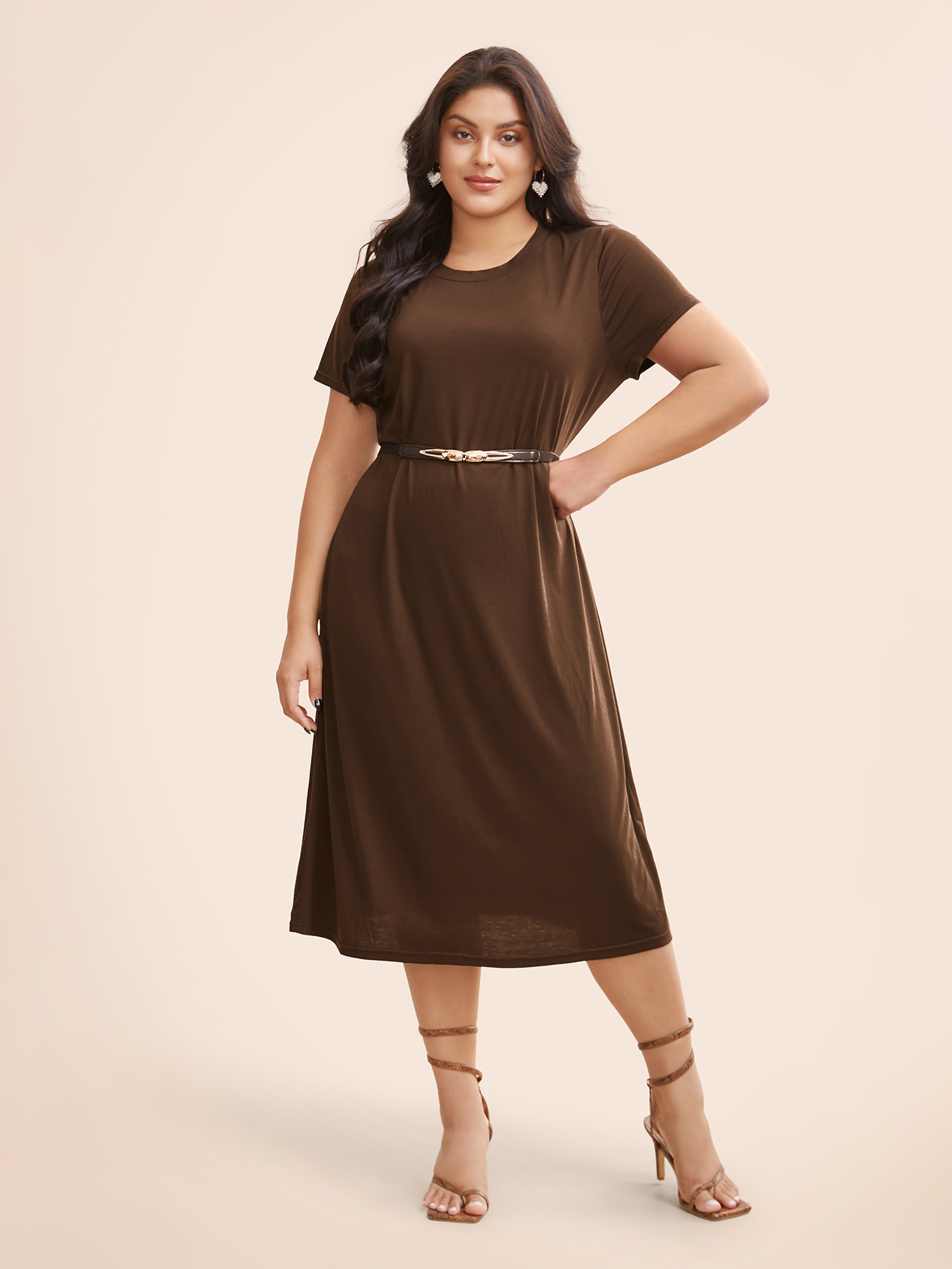 

Plus Size Plain Round Neck Midi Knit Dress Browncoffeecolor Women Elegant Texture Round Neck Short sleeve Curvy BloomChic