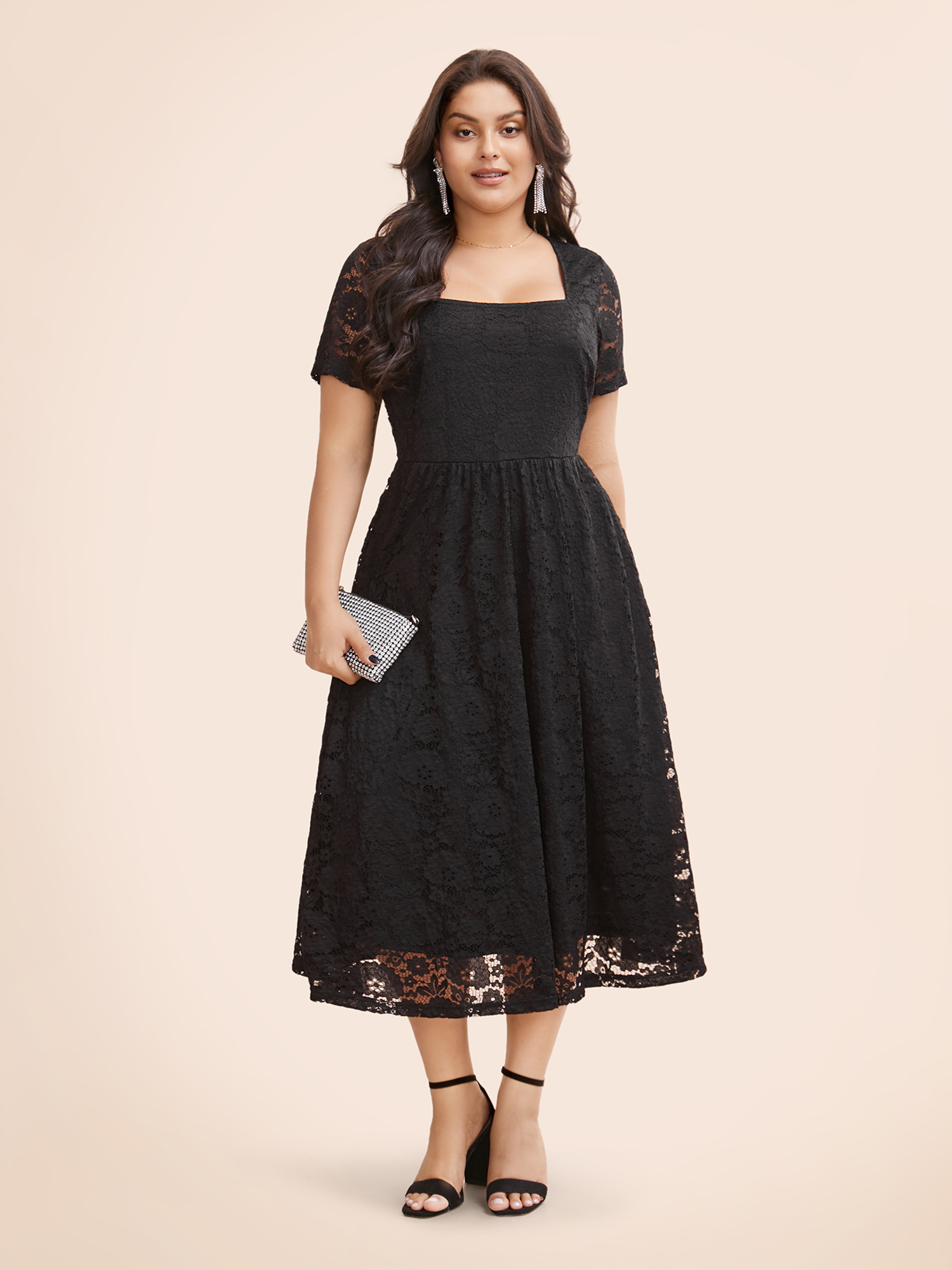 

Plus Size Square Neck Lace Mesh Midi Dress Black Women Casual Woven ribbon&lace trim Square Neck Short sleeve Curvy BloomChic