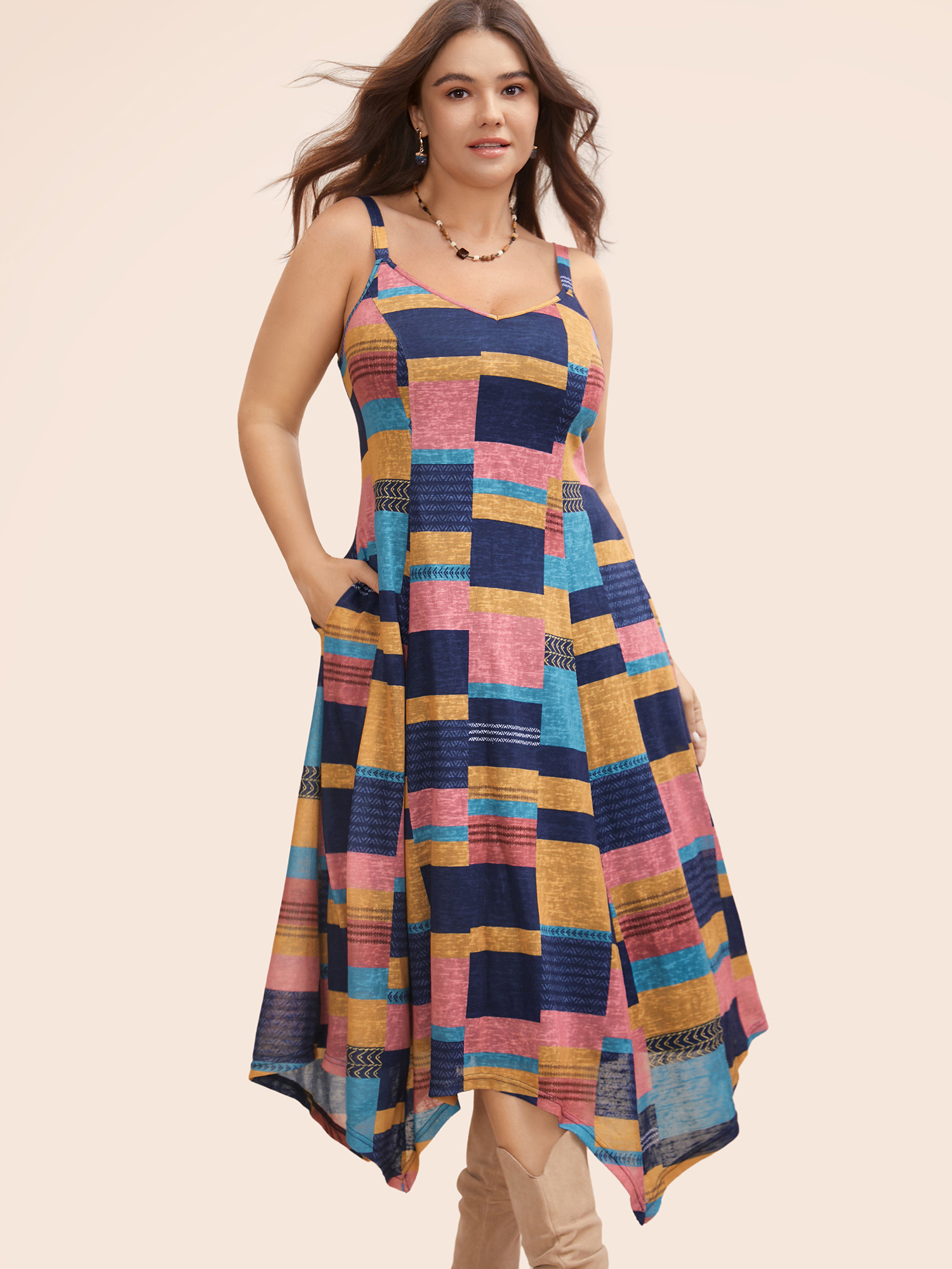 

Plus Size Colorblock Contrast Hanky Hem Midi Dress Multicolor Women Casual Asymmetrical V-neck Sleeveless Curvy BloomChic