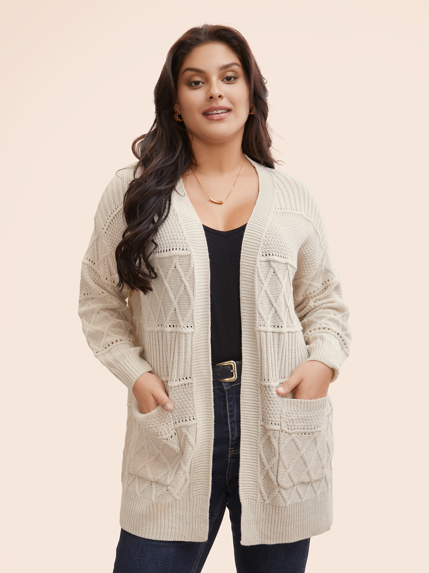 

Plus Size Plain Textured Open Front Pocket Cardigan Apricot Women Resort Loose Long Sleeve Vacation Cardigans BloomChic