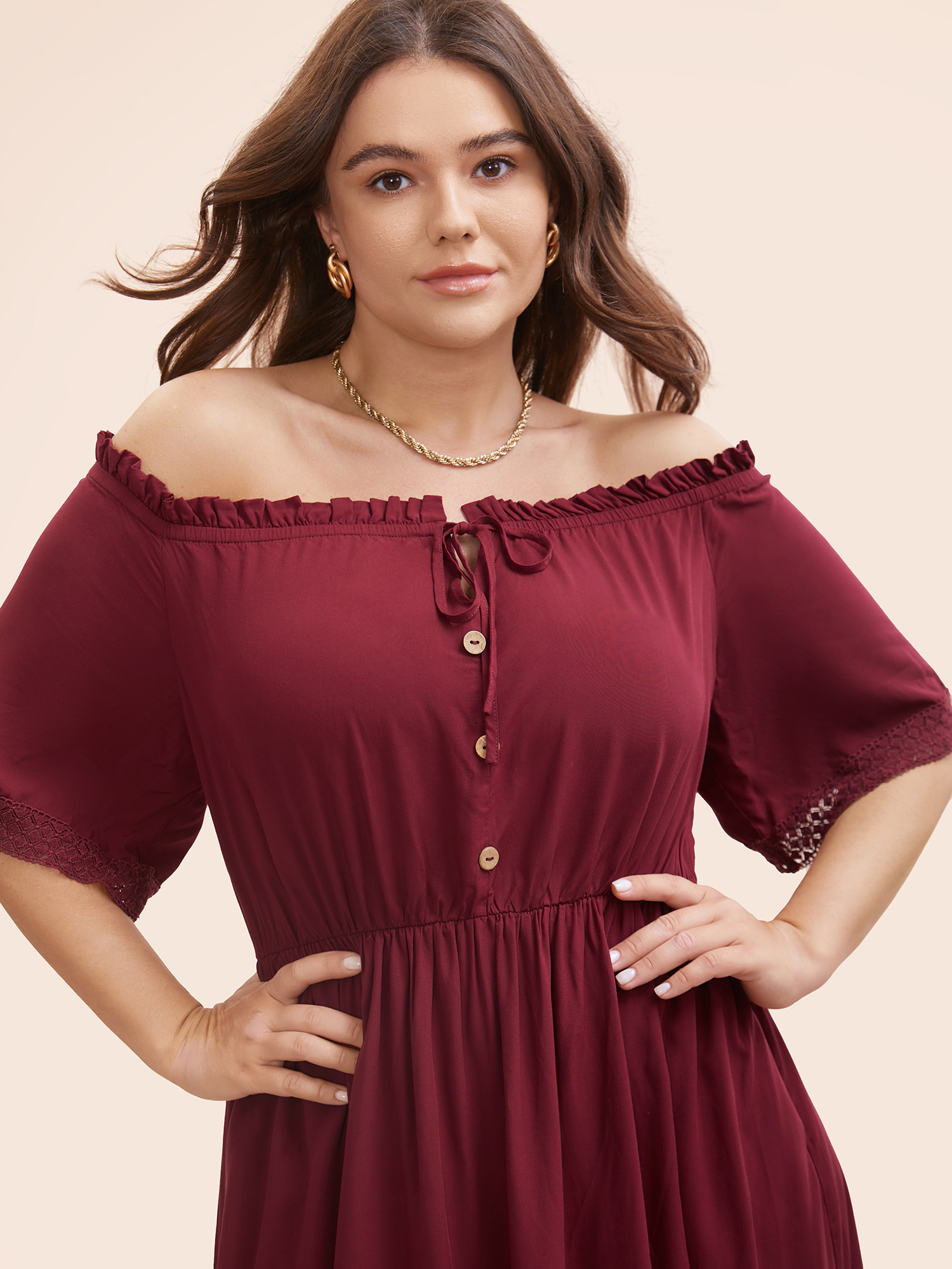 Plus Size Plain Off Shoulder Lace Trim Ruffle Hem Dress Burgundy Women Resort Woven ribbon&lace trim One-shoulder neck Half Sleeve Curvy BloomChic 12/L 