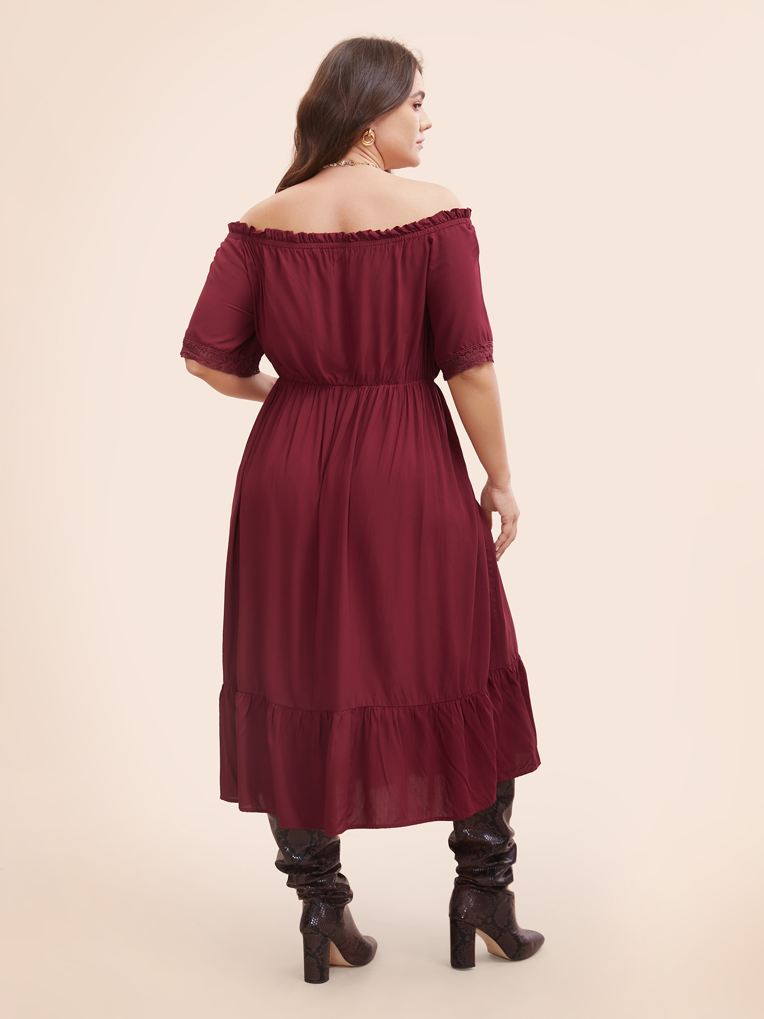 Plus Size Plain Off Shoulder Lace Trim Ruffle Hem Dress Burgundy Women Resort Woven ribbon&lace trim One-shoulder neck Half Sleeve Curvy BloomChic 12/L 