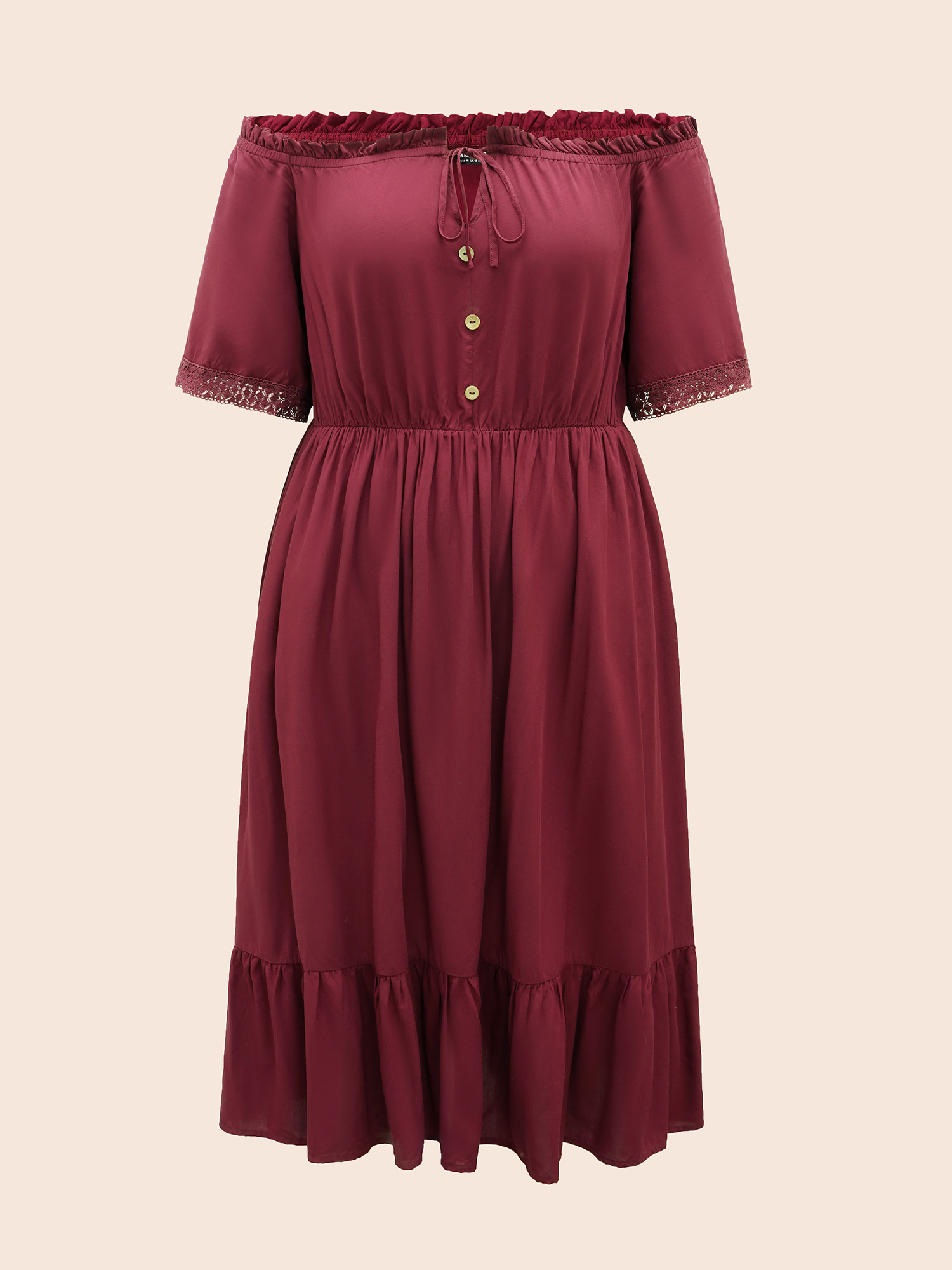 Plus Size Plain Off Shoulder Lace Trim Ruffle Hem Dress Burgundy Women Resort Woven ribbon&lace trim One-shoulder neck Half Sleeve Curvy BloomChic 12/L 