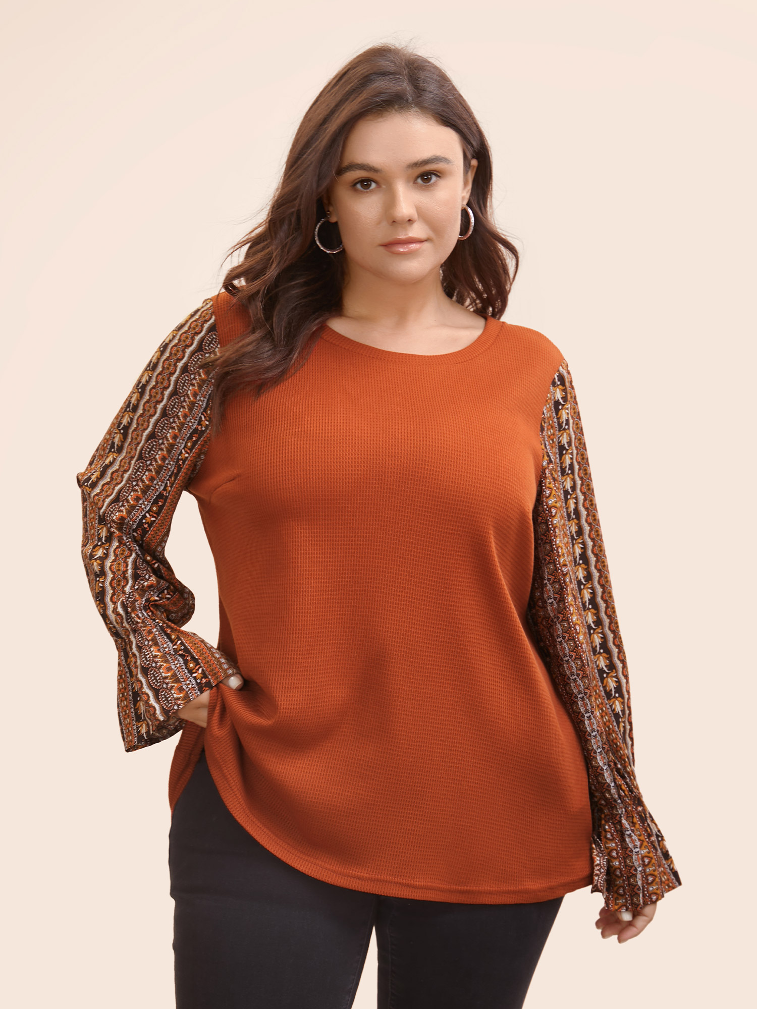 

Plus Size Bandana Patchwork Waffle Knit Lantern Sleeve T-shirt Rust Women Casual Texture Round Neck Everyday T-shirts BloomChic