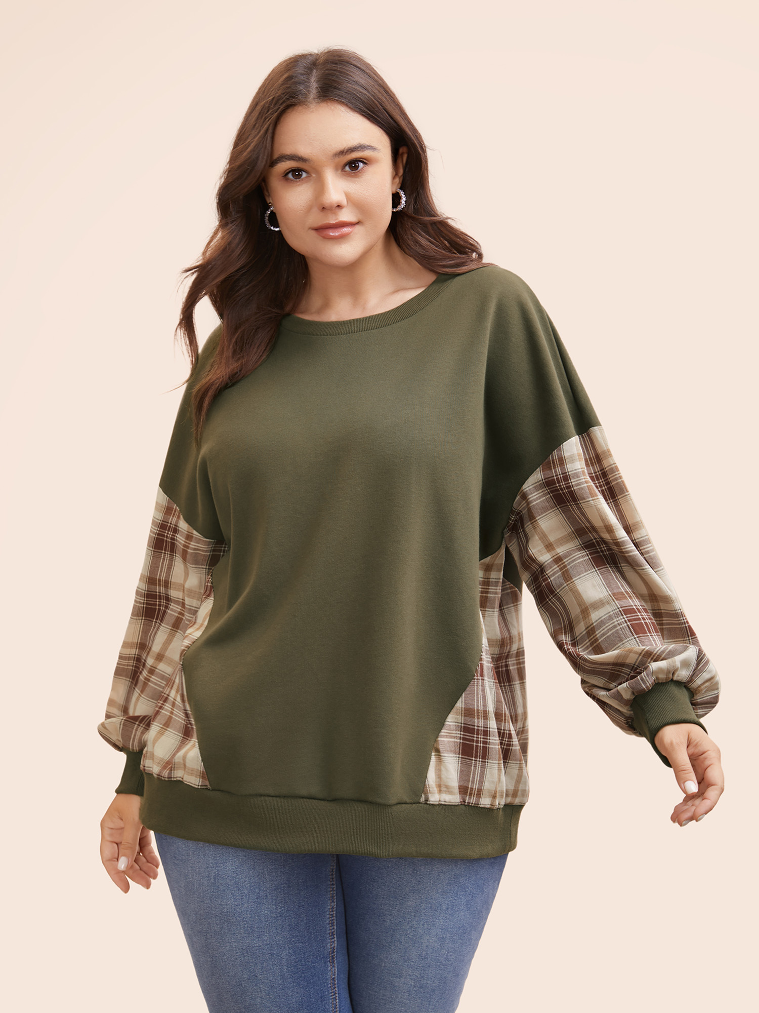 

Plus Size Round Neck Gingham Patchwork Sweatshirt Women Sage Elegant Contrast Round Neck Everyday Sweatshirts BloomChic