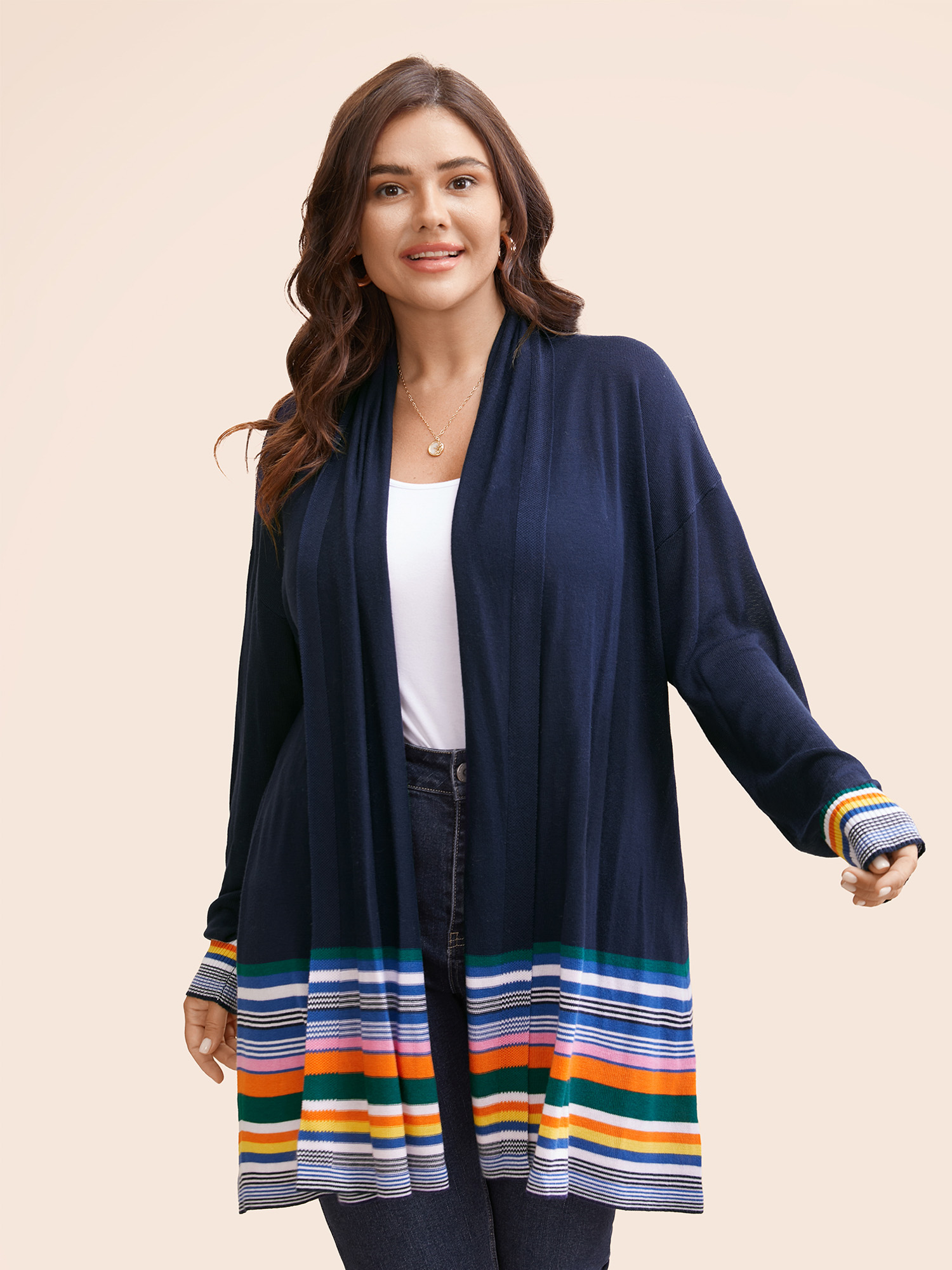 

Plus Size Supersoft Essentials Contrast Striped Patchwork Cardigan Indigo Women Casual Loose Long Sleeve Everyday Cardigans BloomChic