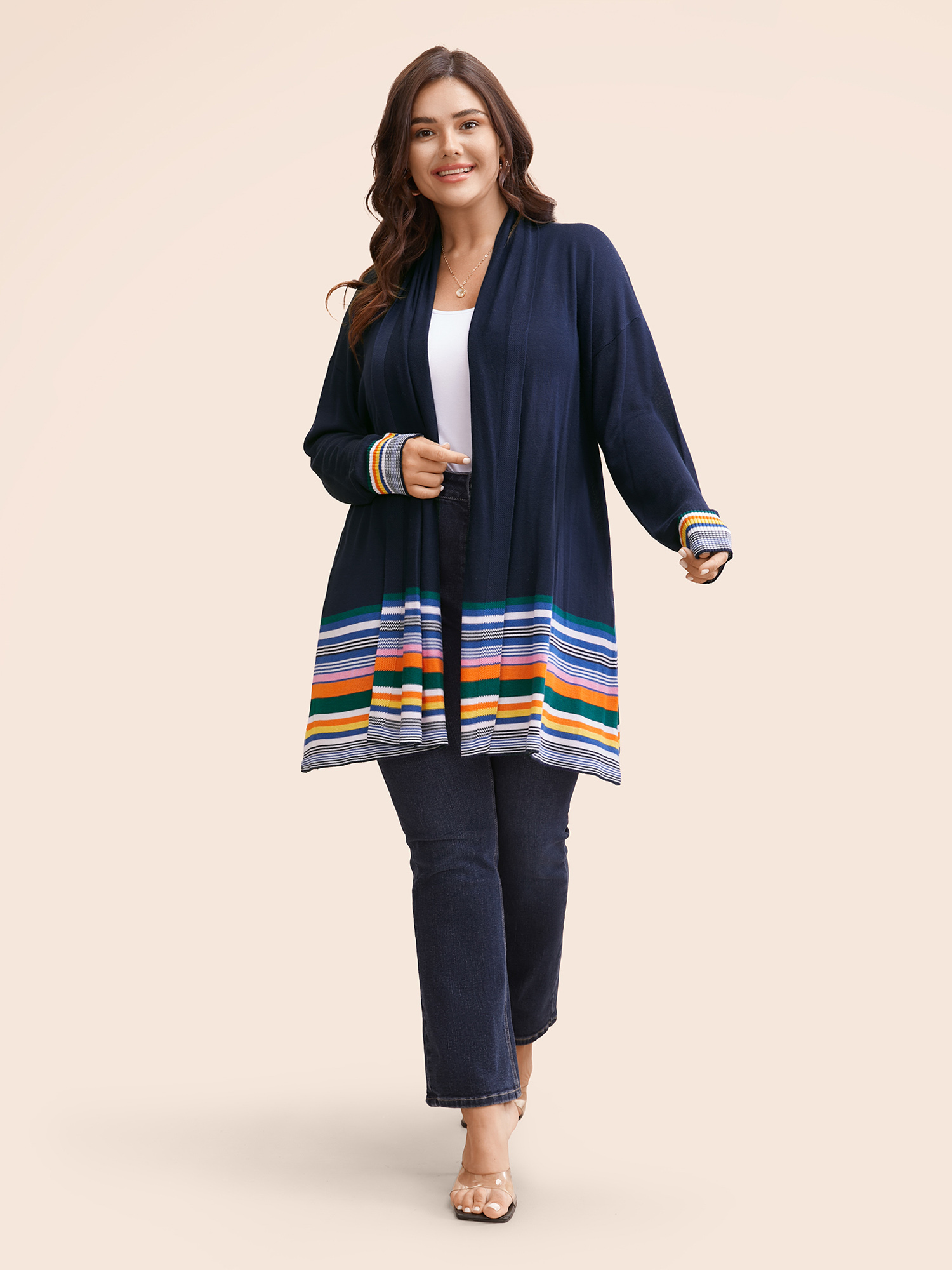 

Plus Size Supersoft Essentials Contrast Striped Patchwork Cardigan Indigo Women Casual Loose Long Sleeve Everyday Cardigans BloomChic