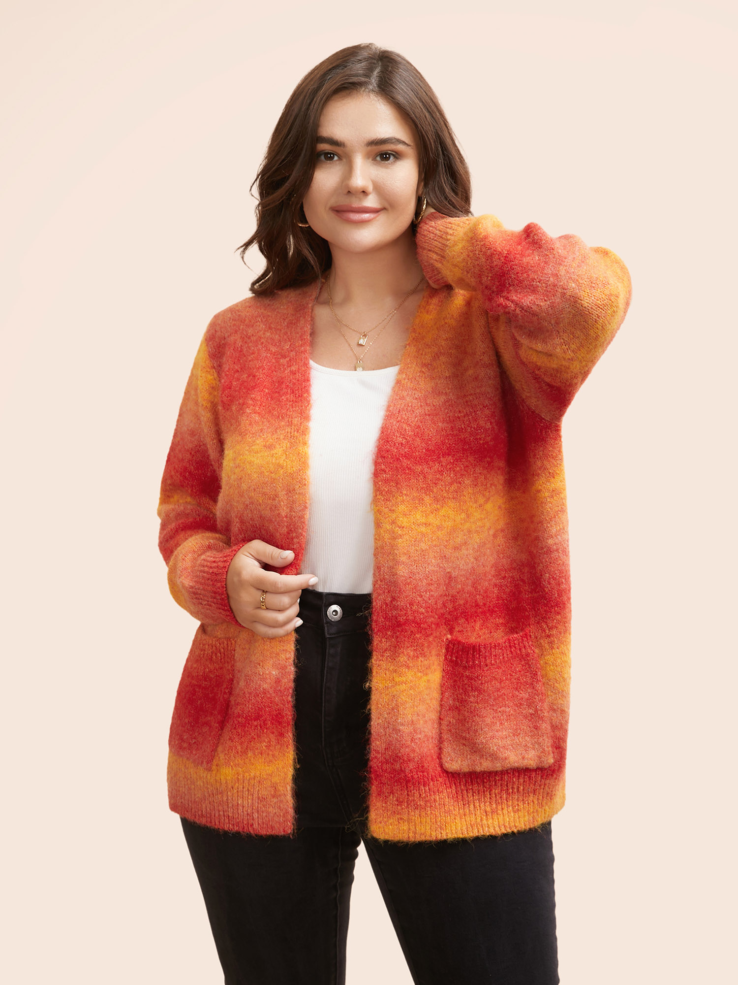 

Plus Size Ombre Contrast Patch Pocket Cardigan Brightorange Women Casual Loose Long Sleeve Everyday Cardigans BloomChic