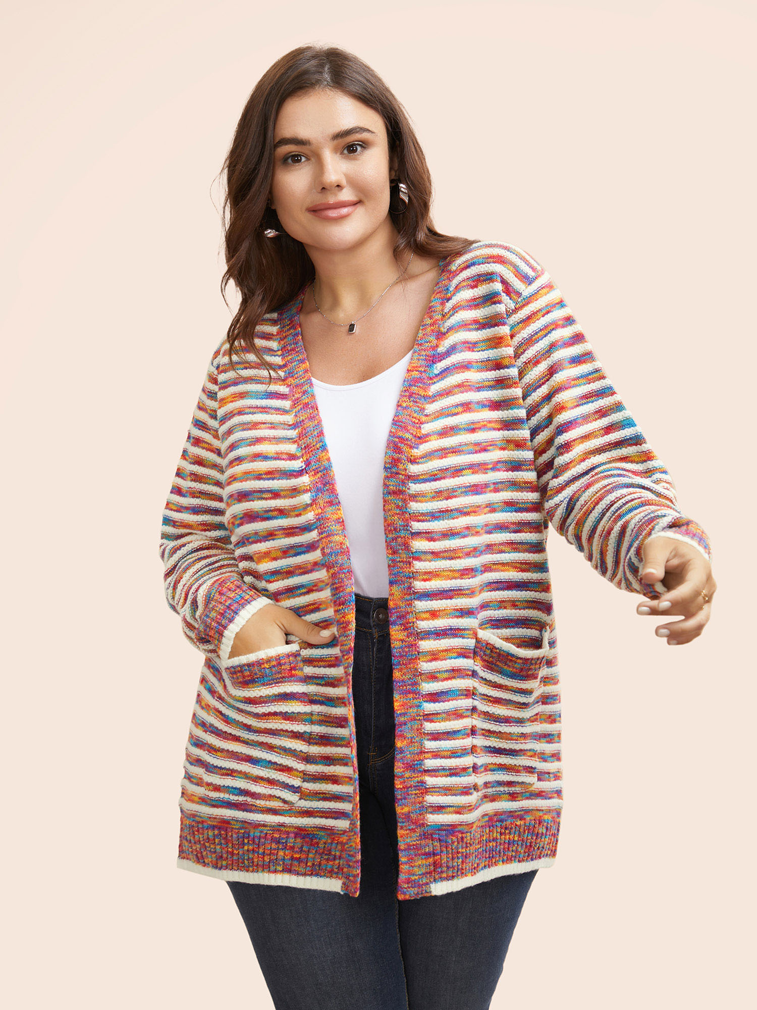 

Plus Size Heather Striped Open Front Pocket Cardigan Multicolor Women Casual Loose Long Sleeve Everyday Cardigans BloomChic