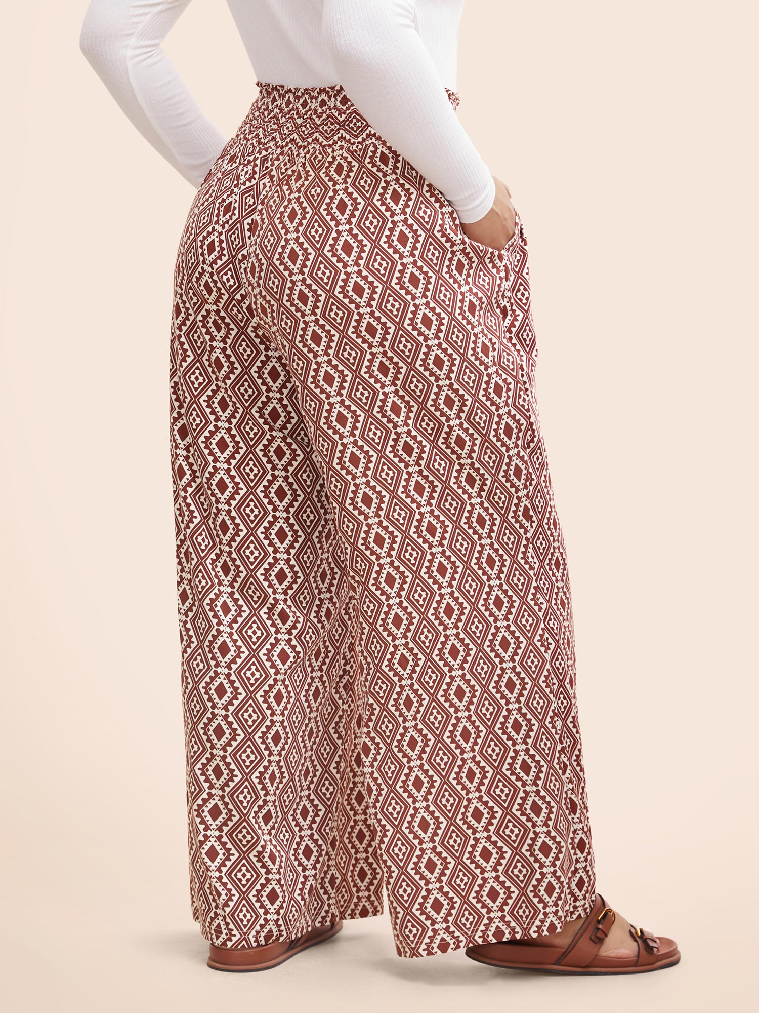 Plus Size Bandana Paperbag Drawstring Waist Wide Leg Pants Women Browncoffeecolor Resort Wide Leg Mid Rise Vacation Pants BloomChic 22-24/3X 
