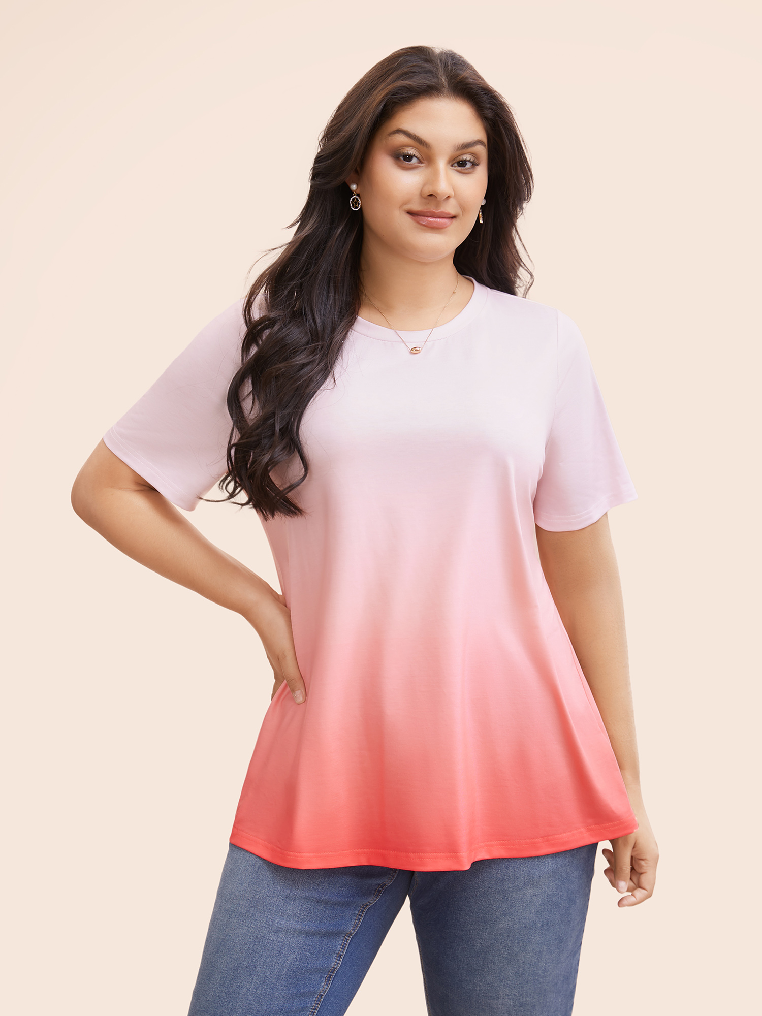 

Plus Size Gradient Dyeing Round Neck T-shirt Salmon Women Elegant Non Round Neck Everyday T-shirts BloomChic