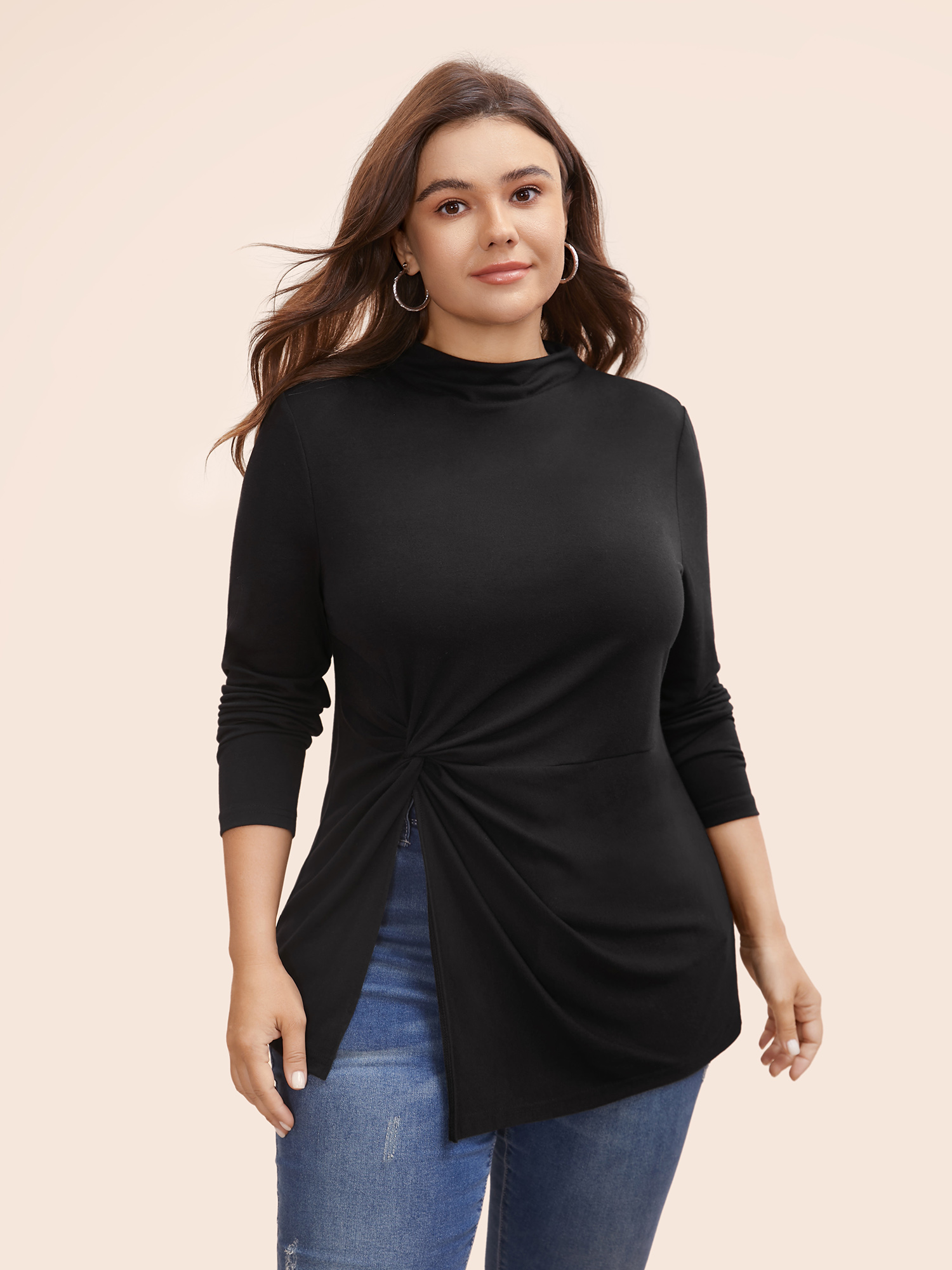 

Plus Size Supersoft Essentials Twist Front Split Hem T-shirt Black Women Casual Tie knot Mock Neck Skinny Everyday T-shirts BloomChic