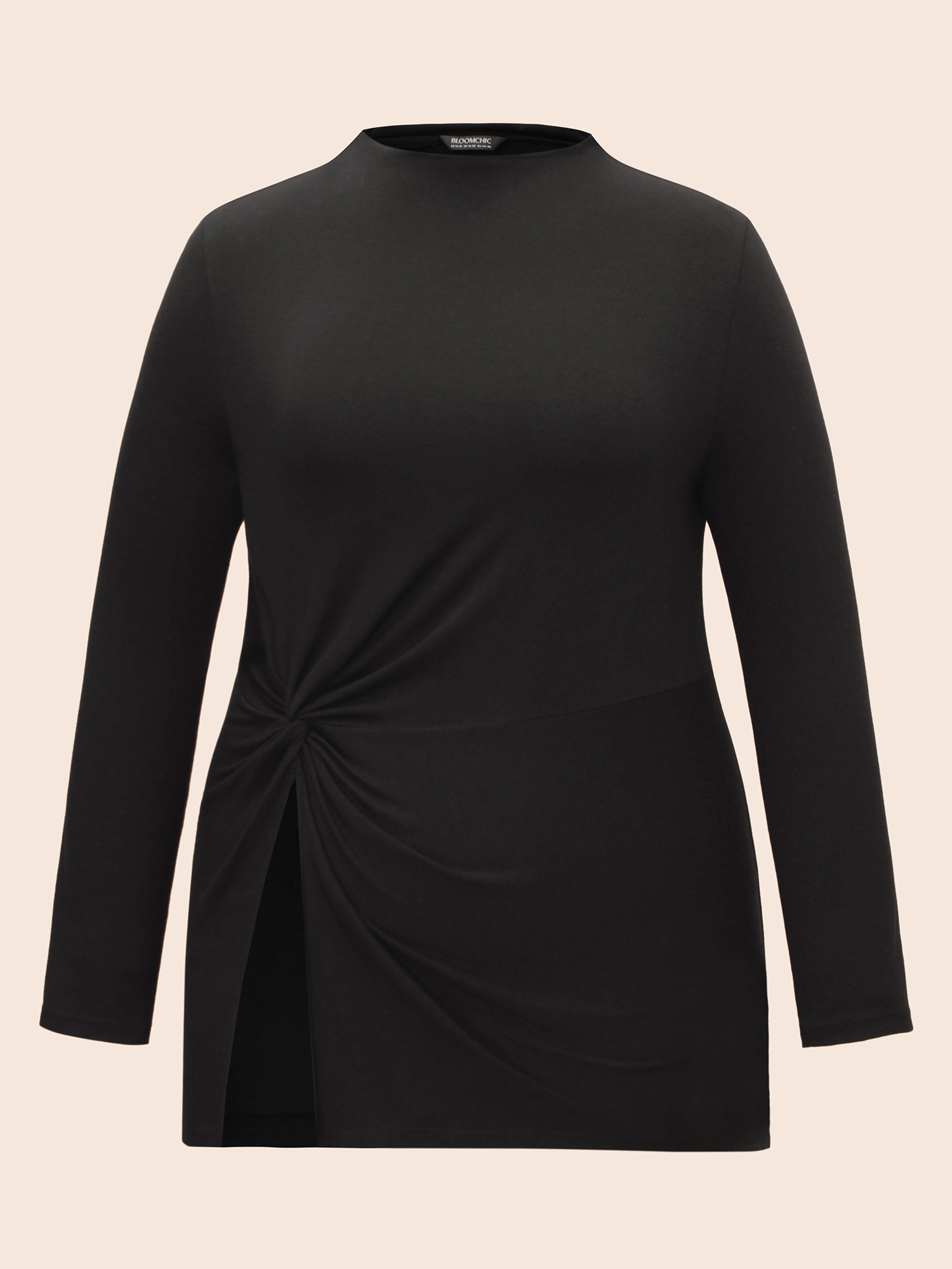 

Plus Size Supersoft Essentials Twist Front Split Hem T-shirt Black Women Casual Tie knot Mock Neck Skinny Everyday T-shirts BloomChic