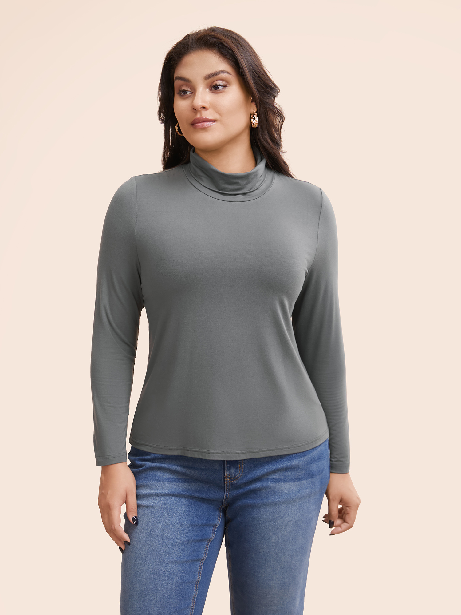 

Plus Size Mock Neck High Stretch Basic T-shirt DimGray Women Elegant Non Ruffled collar Skinny Everyday T-shirts BloomChic