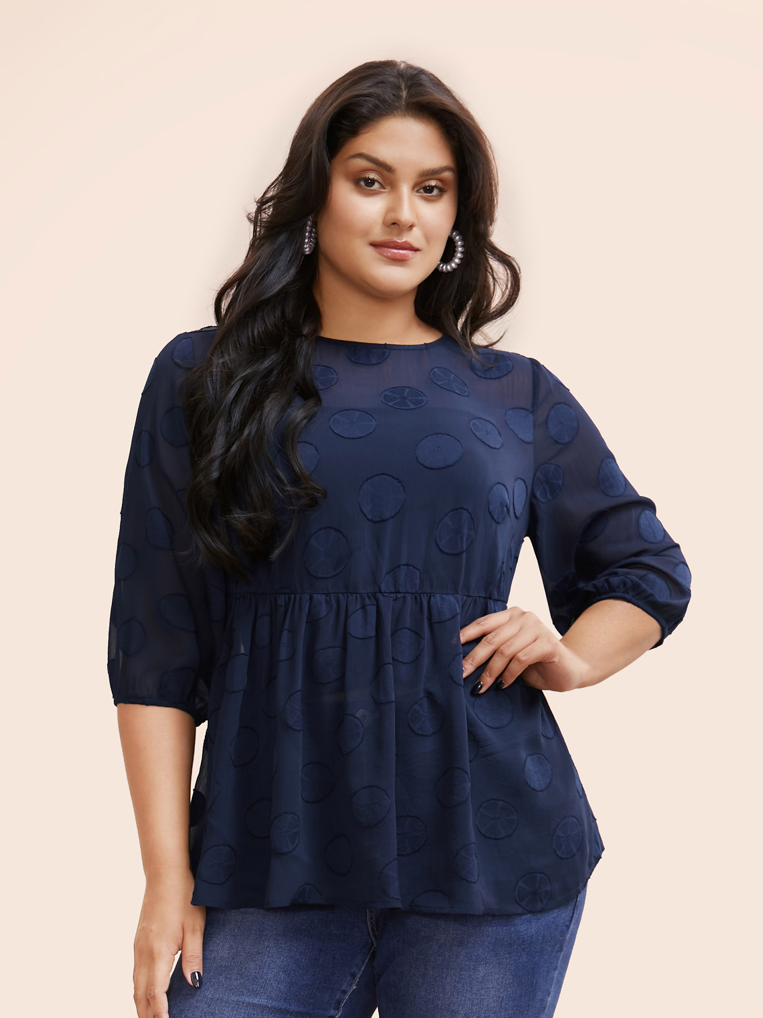 

Plus Size Indigo Chiffon Textured Mesh Lantern Sleeve Blouse Women Elegant Elbow-length sleeve Round Neck Everyday Blouses BloomChic