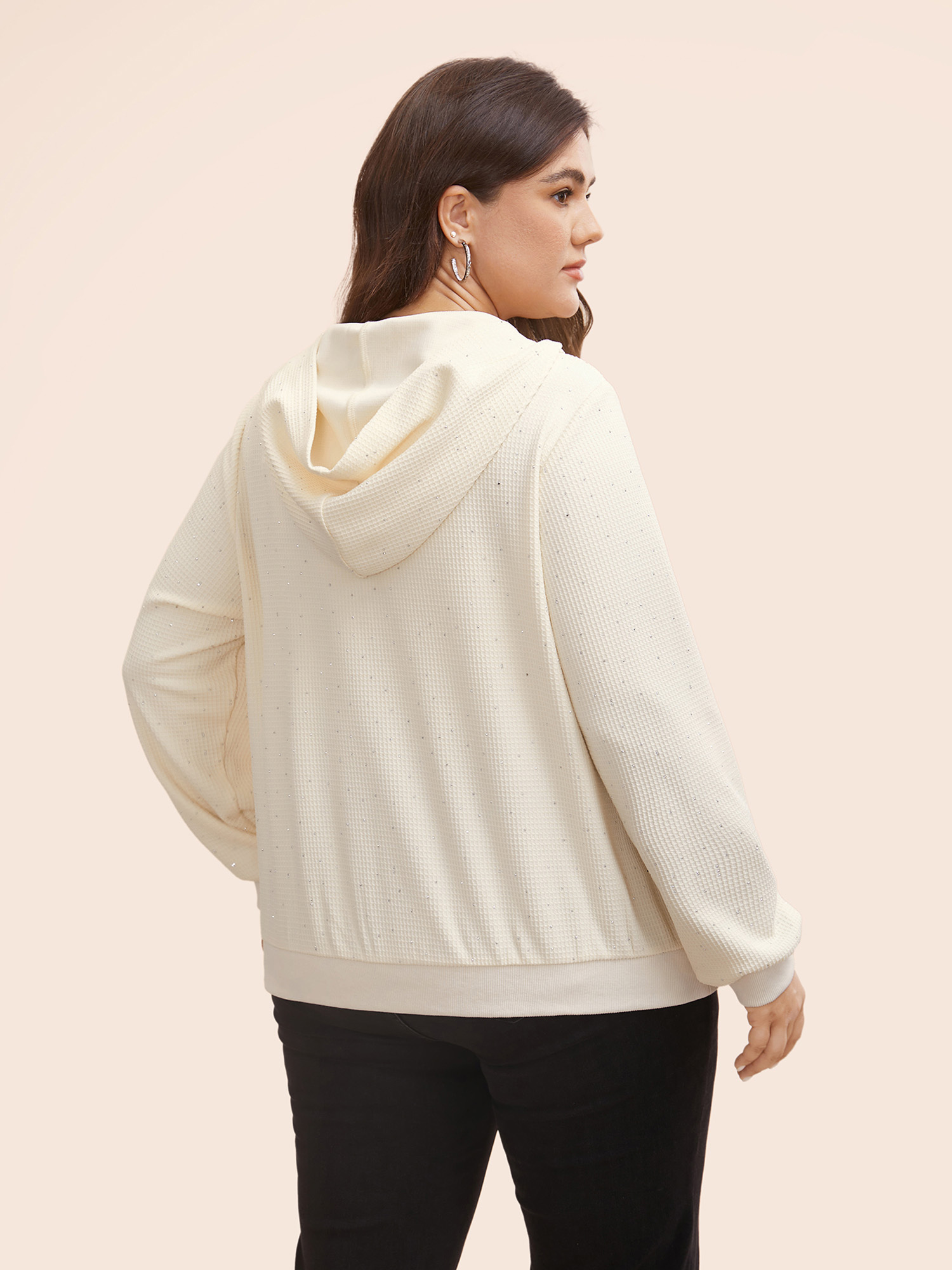 Plus Size Textured Rhinestone Hooded O Ring Zipper Sweatshirt Women Beige Casual Texture Hooded Everyday Sweatshirts BloomChic 26/4X 