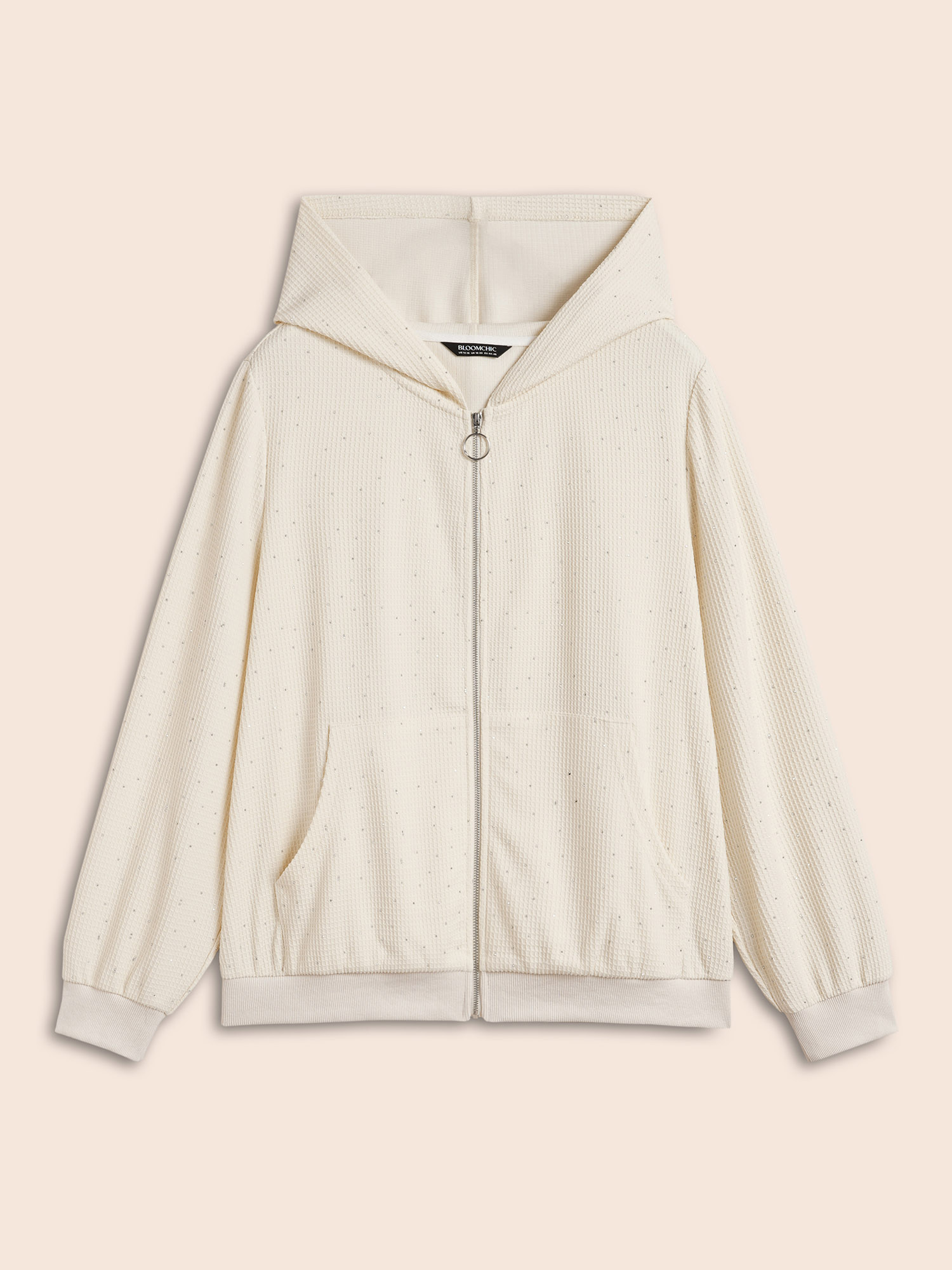 Plus Size Textured Rhinestone Hooded O Ring Zipper Sweatshirt Women Beige Casual Texture Hooded Everyday Sweatshirts BloomChic 26/4X 