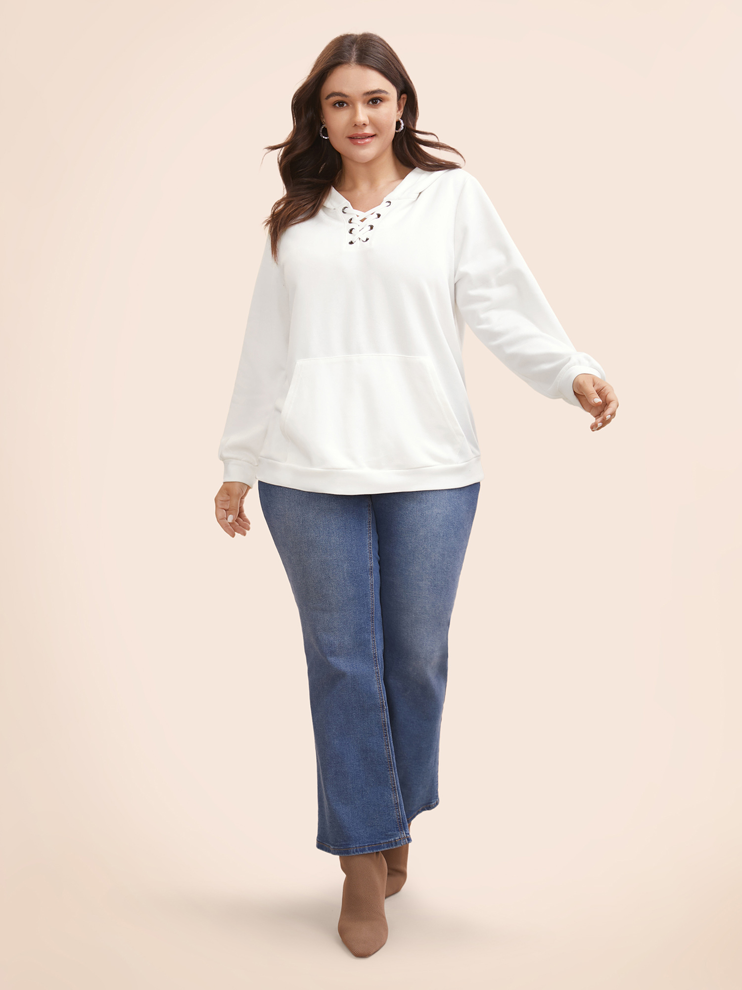 Plus Size Cross Straps Kangaroo Pocket Hooded Sweatshirt Women WhiteSmoke Elegant Eyelet Hooded Everyday Sweatshirts BloomChic 22-24/3X 
