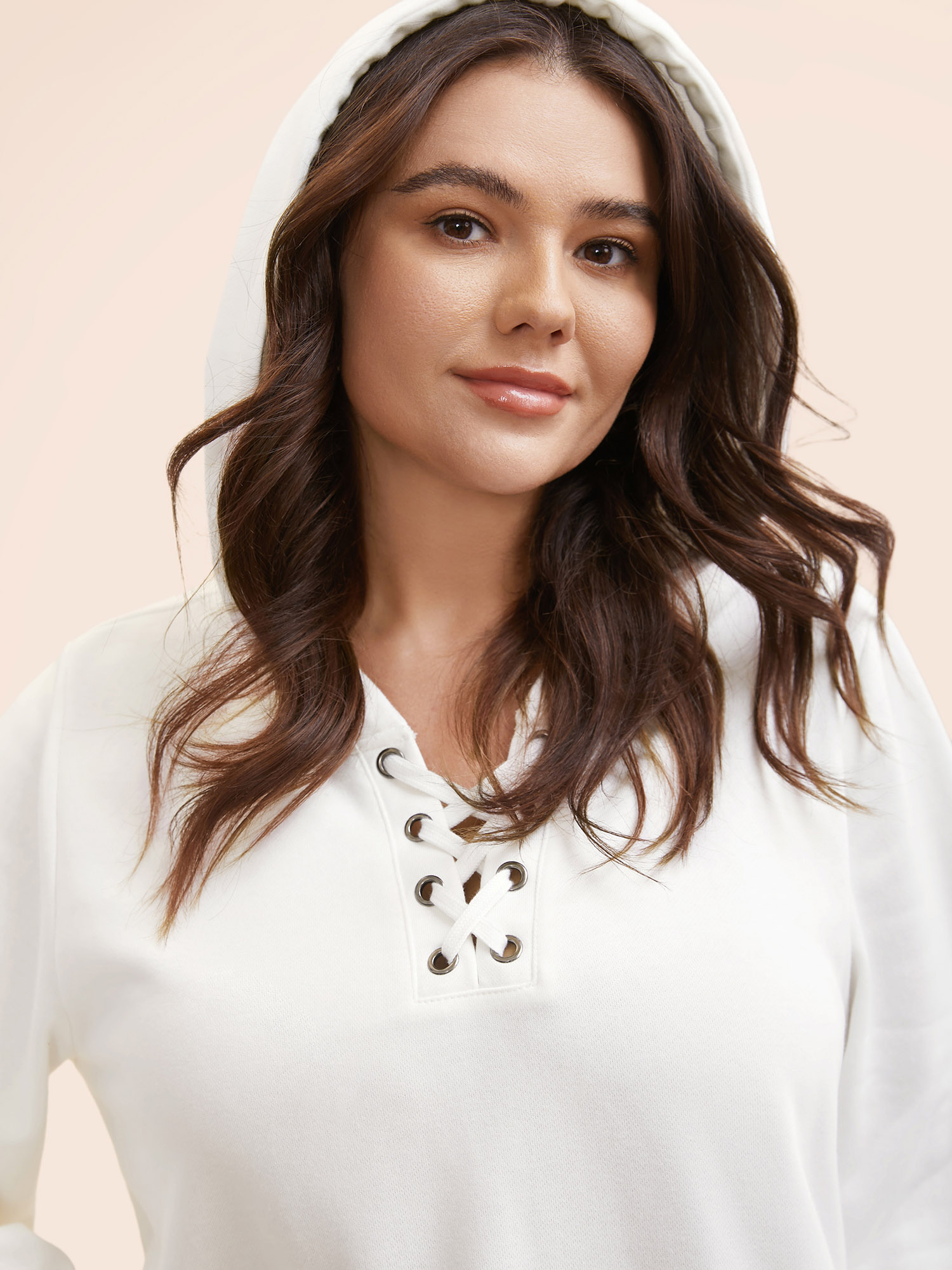 Plus Size Cross Straps Kangaroo Pocket Hooded Sweatshirt Women WhiteSmoke Elegant Eyelet Hooded Everyday Sweatshirts BloomChic 22-24/3X 