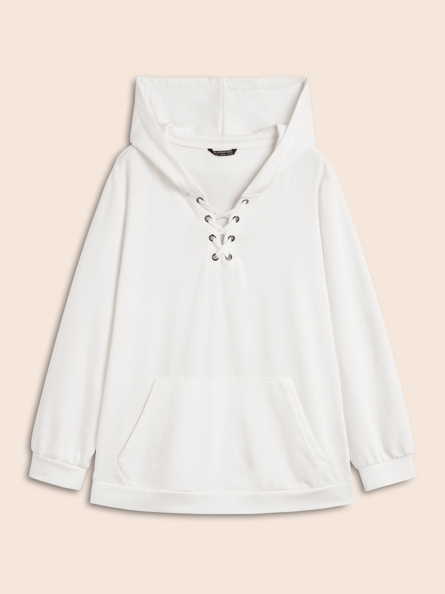 Plus Size Cross Straps Kangaroo Pocket Hooded Sweatshirt Women WhiteSmoke Elegant Eyelet Hooded Everyday Sweatshirts BloomChic 22-24/3X 