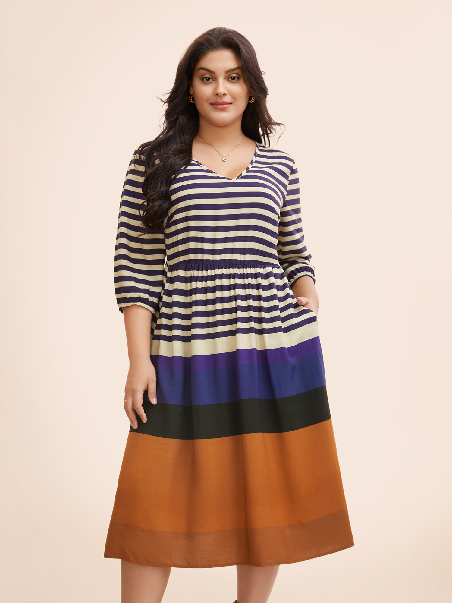 

Plus Size Striped Patchwork Contrast Gathered Midi Dress Multicolor Women Casual Gathered V-neck Elbow-length sleeve Curvy BloomChic