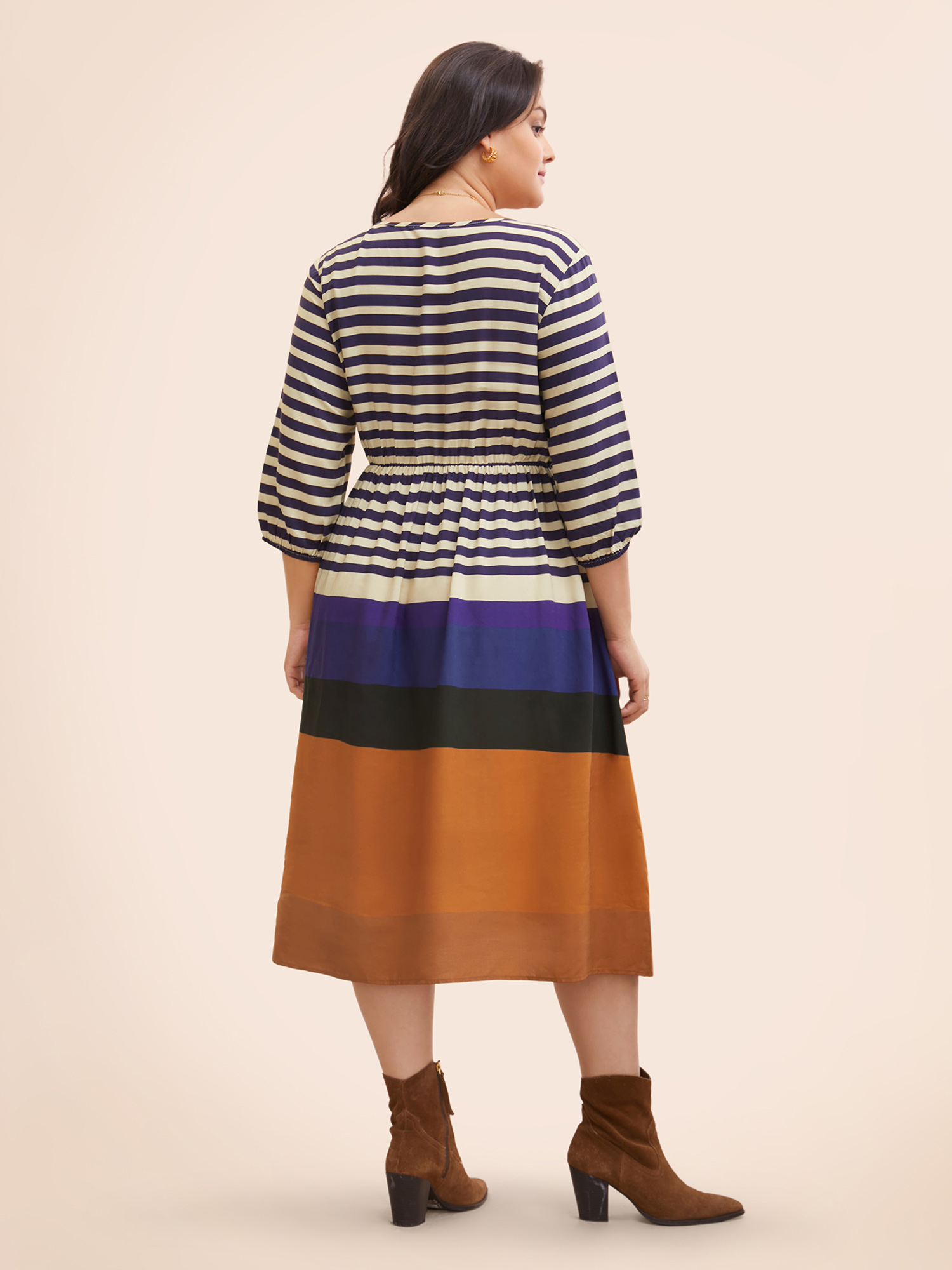 

Plus Size Striped Patchwork Contrast Gathered Midi Dress Multicolor Women Casual Gathered V-neck Elbow-length sleeve Curvy BloomChic