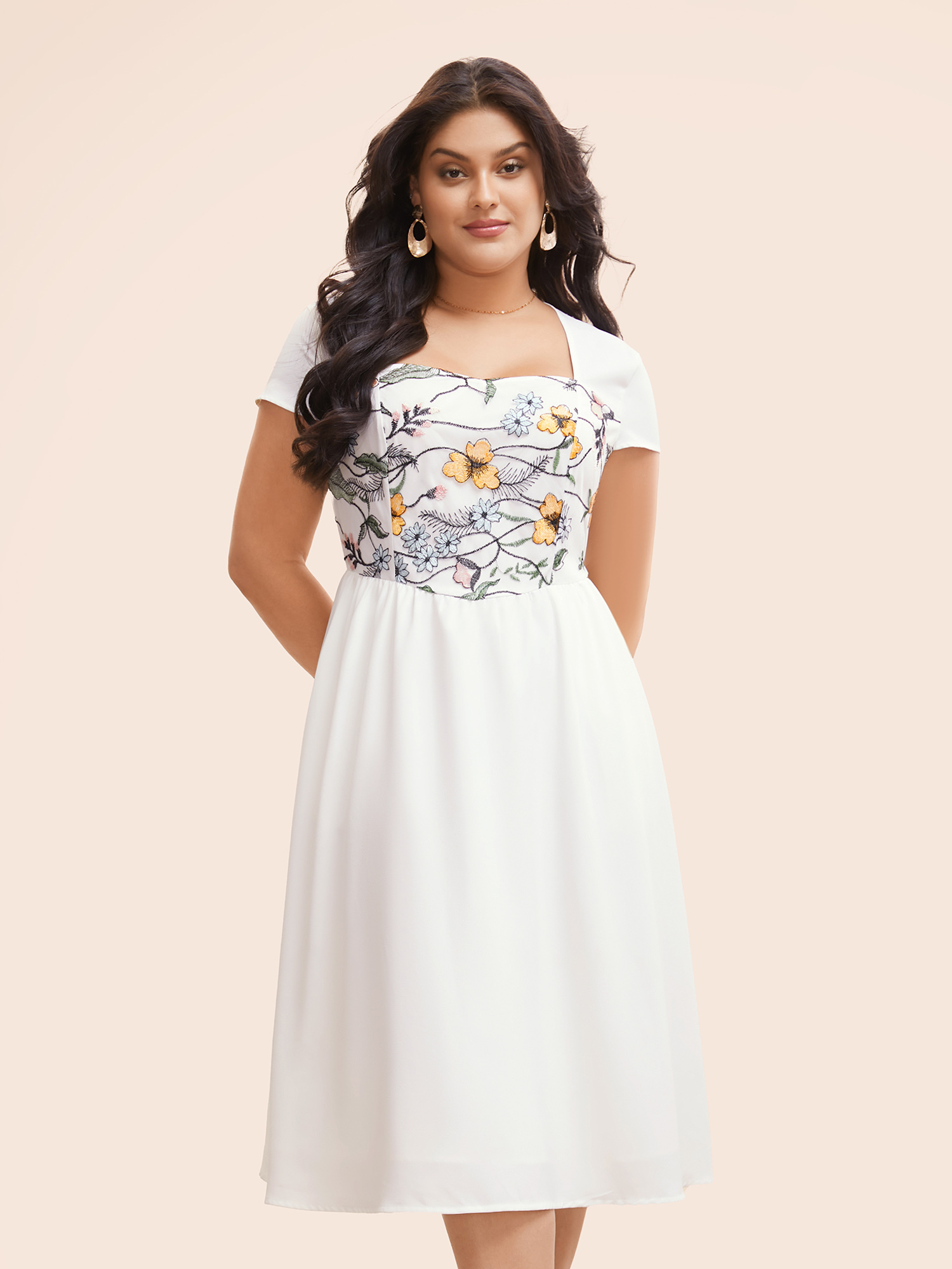 

Plus Size Floral Embroidered Heart Neckline Midi Dress Ivory Women Elegant Embroidered Heart neckline Short sleeve Curvy BloomChic