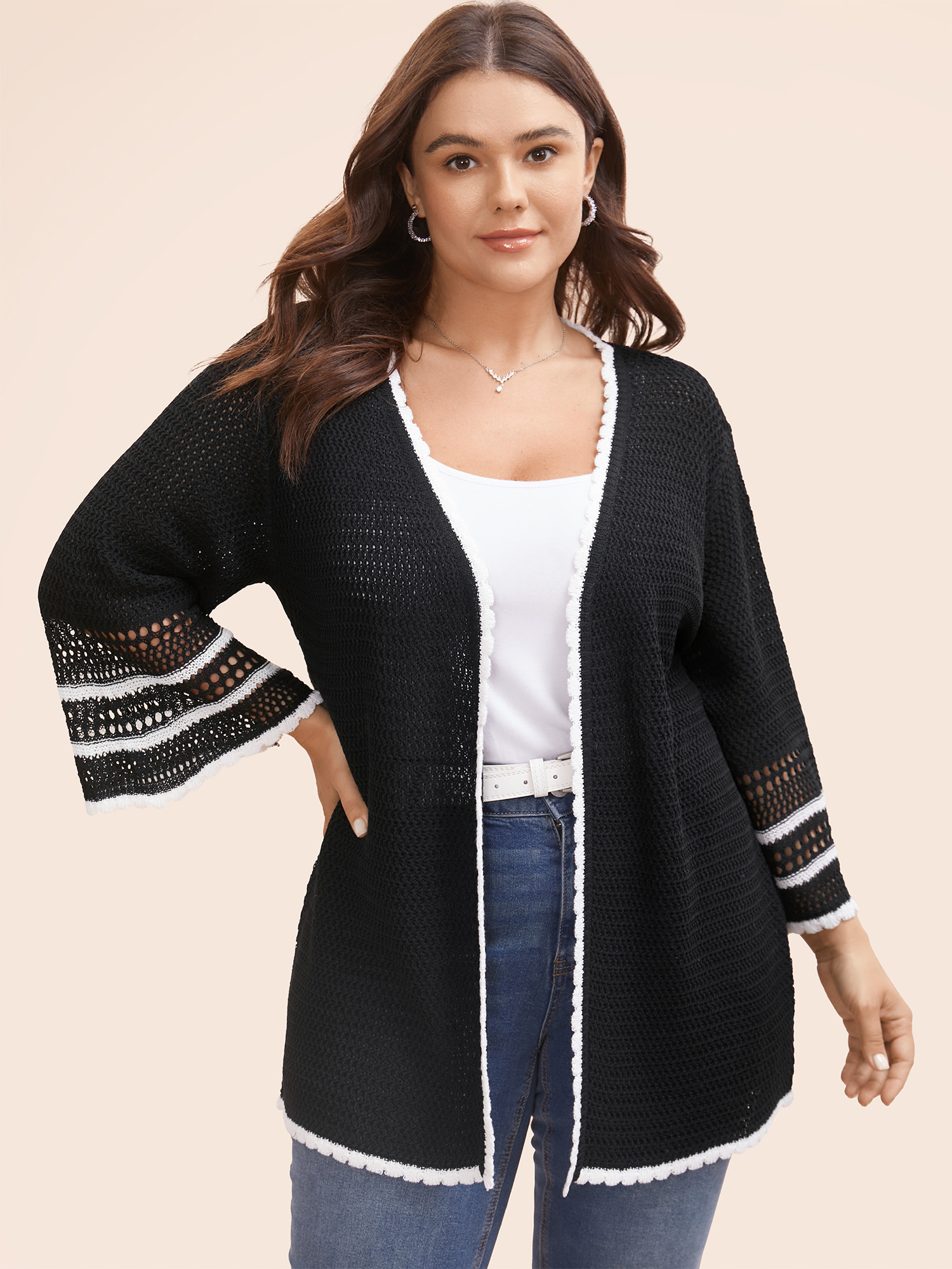 

Plus Size Solid Contrast Trim Bell Sleeve Cardigan Black Women Beach Loose Elbow-length sleeve Vacation Cardigans BloomChic