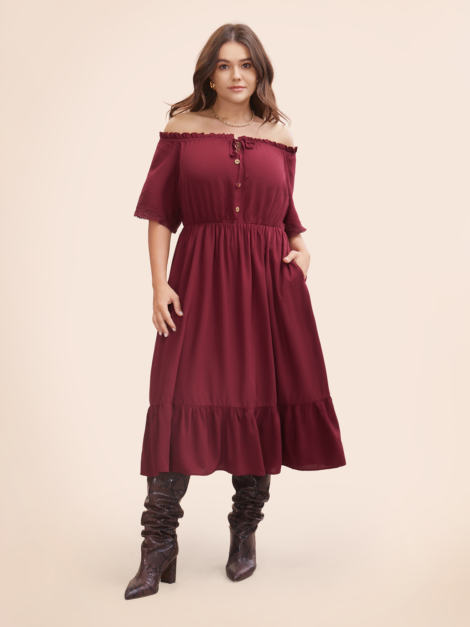 

Plus Size Plain Off Shoulder Lace Trim Ruffle Hem Dress Burgundy Women Resort Woven ribbon&lace trim One-shoulder neck Half Sleeve Curvy BloomChic