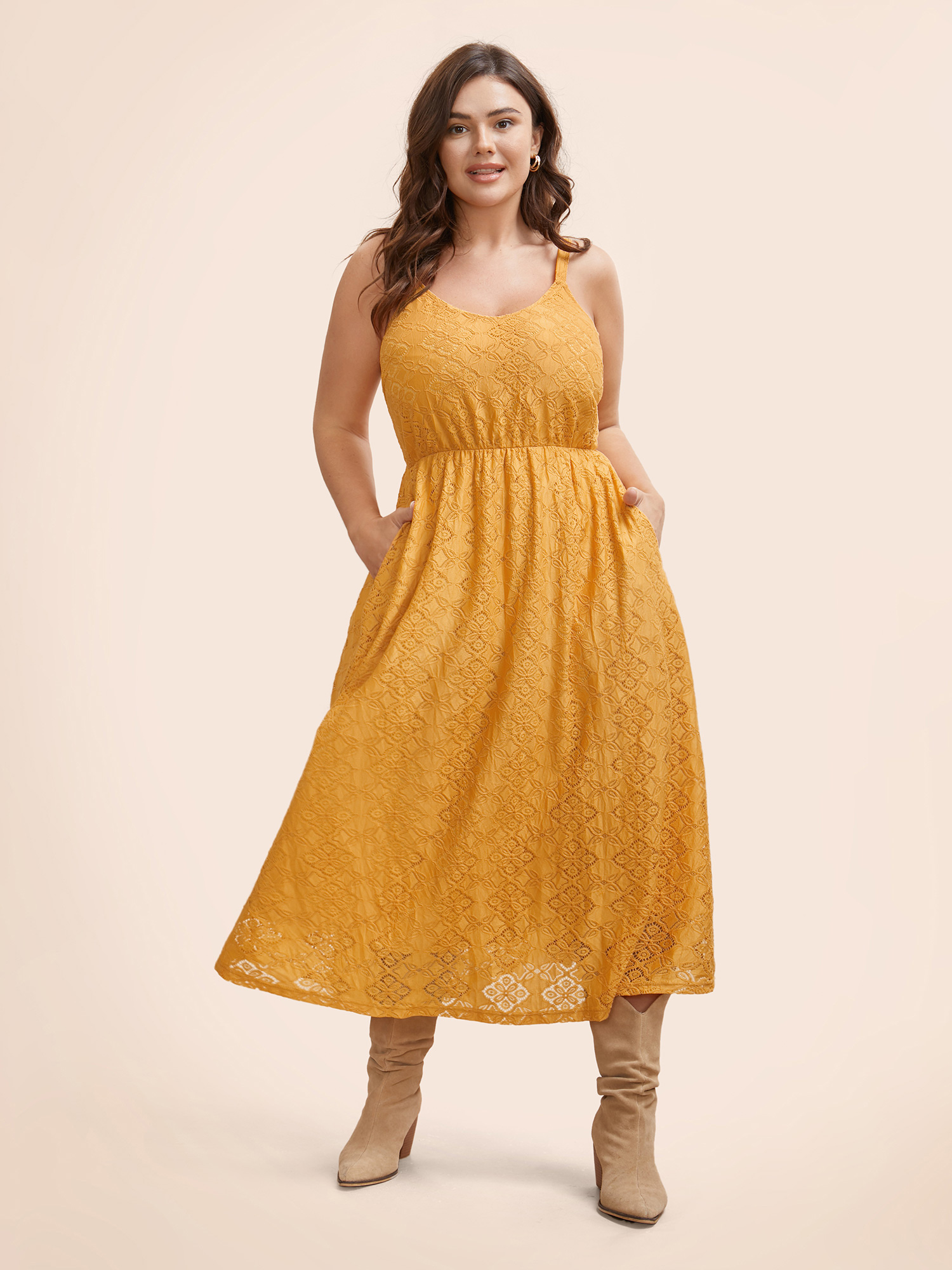 

Plus Size Crochet Lace U Neck Cami Dress Turmeric Women Elegant Texture U-neck Sleeveless Curvy BloomChic