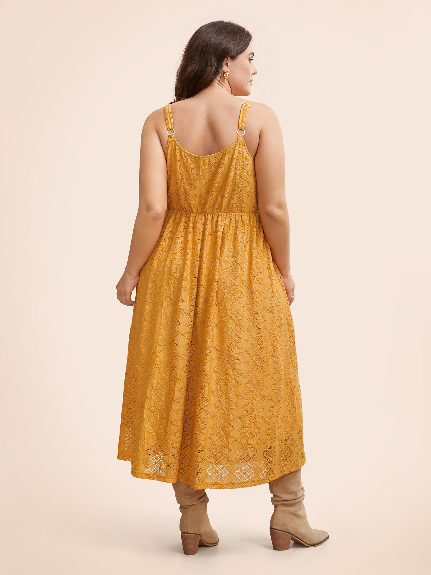 

Plus Size Crochet Lace U Neck Cami Dress Turmeric Women Elegant Texture U-neck Sleeveless Curvy BloomChic