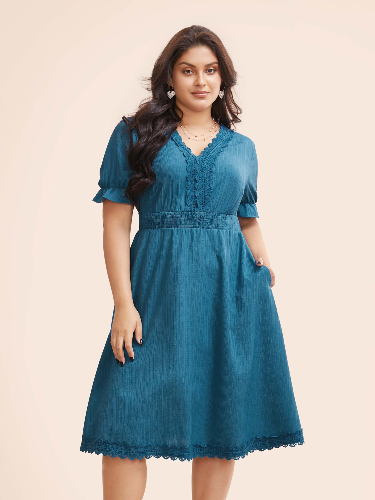 

Plus Size Plain Ruffle Sleeve Woven Ribbon Dress Mediumblue Women Elegant Woven ribbon&lace trim V-neck Short sleeve Curvy BloomChic