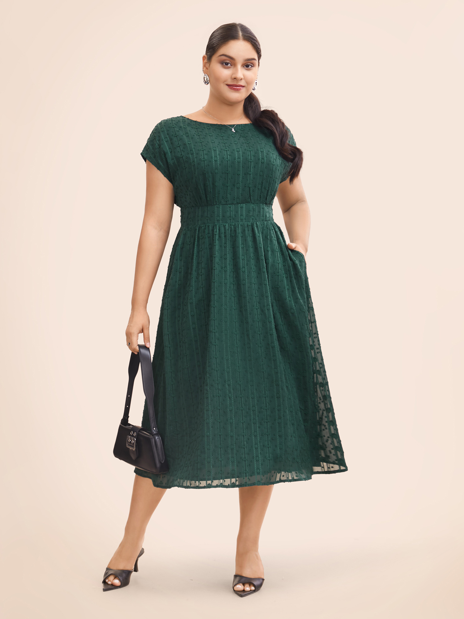 

Plus Size Jacquard Mesh Cap Sleeve Shirred Dress DarkGreen Women At the Office Texture Round Neck Cap Sleeve Curvy BloomChic