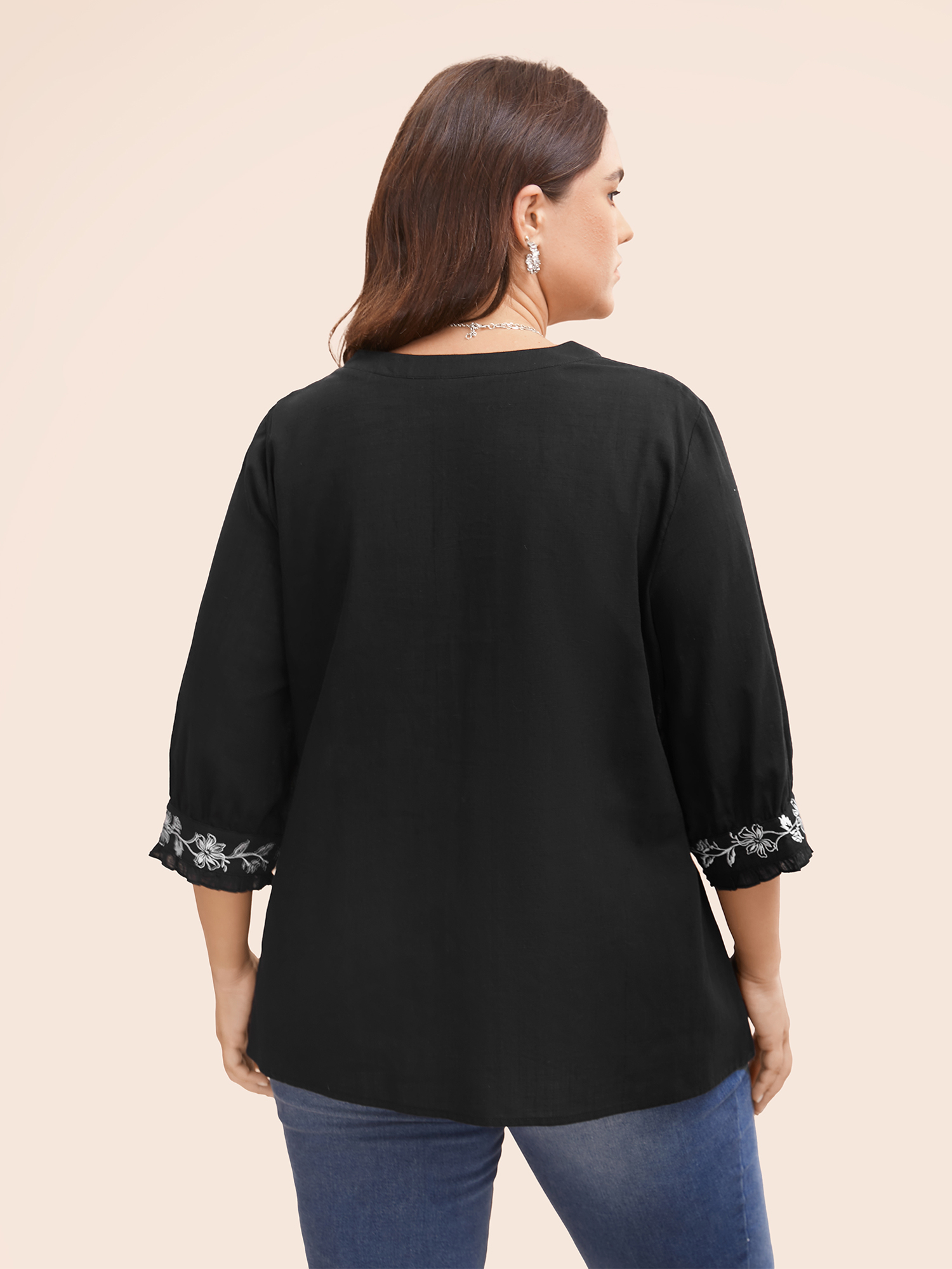 

Plus Size Black Cotton Floral Embroidered Notched Collar Frill Trim Blouse Women Casual Elbow-length sleeve Stand-up collar Everyday Blouses BloomChic