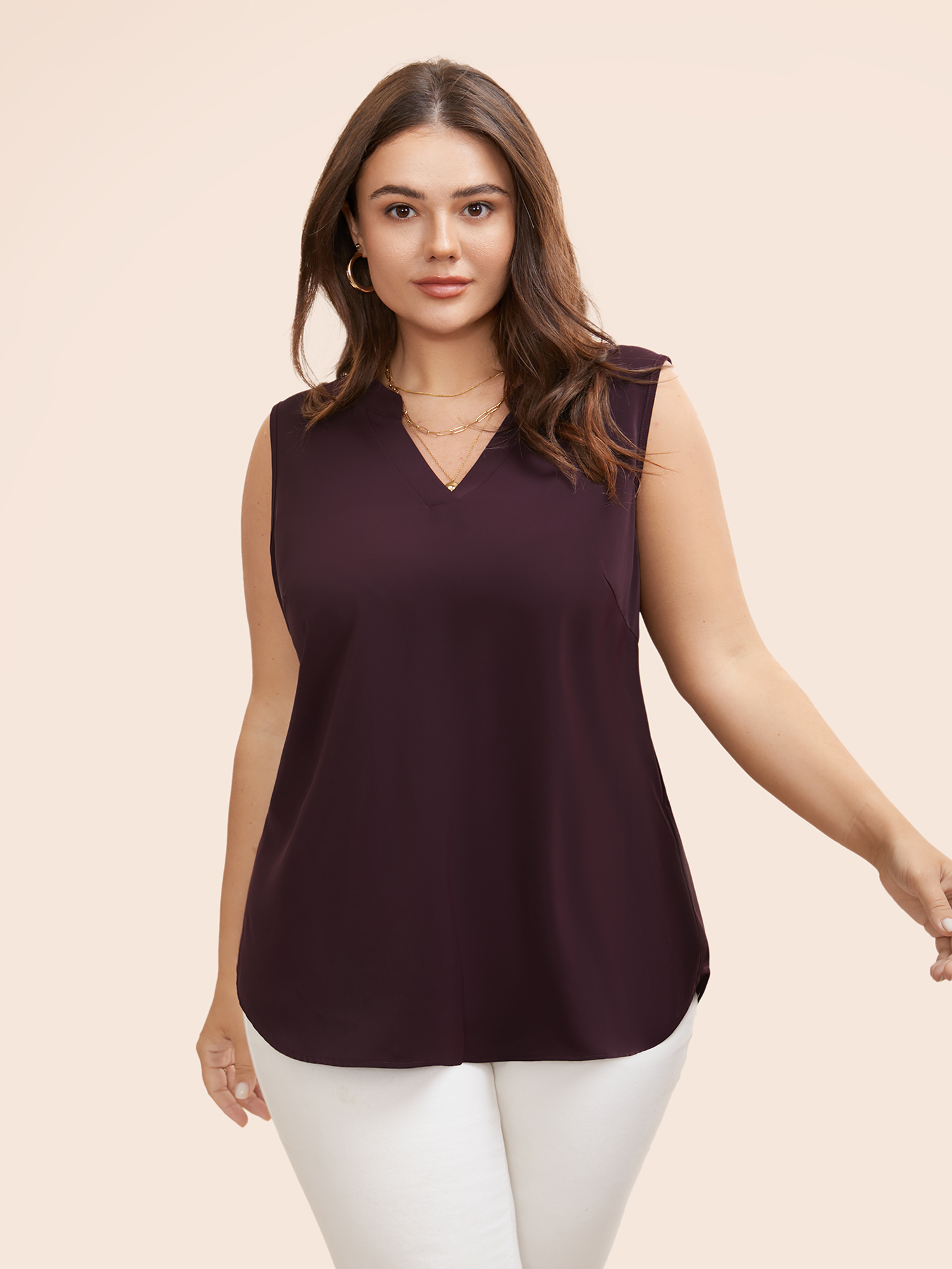 

Plus Size Solid Notched Collar Curved Hem Tank Top Women Eggplant Elegant Gathered Notched collar Everyday Tank Tops Camis BloomChic