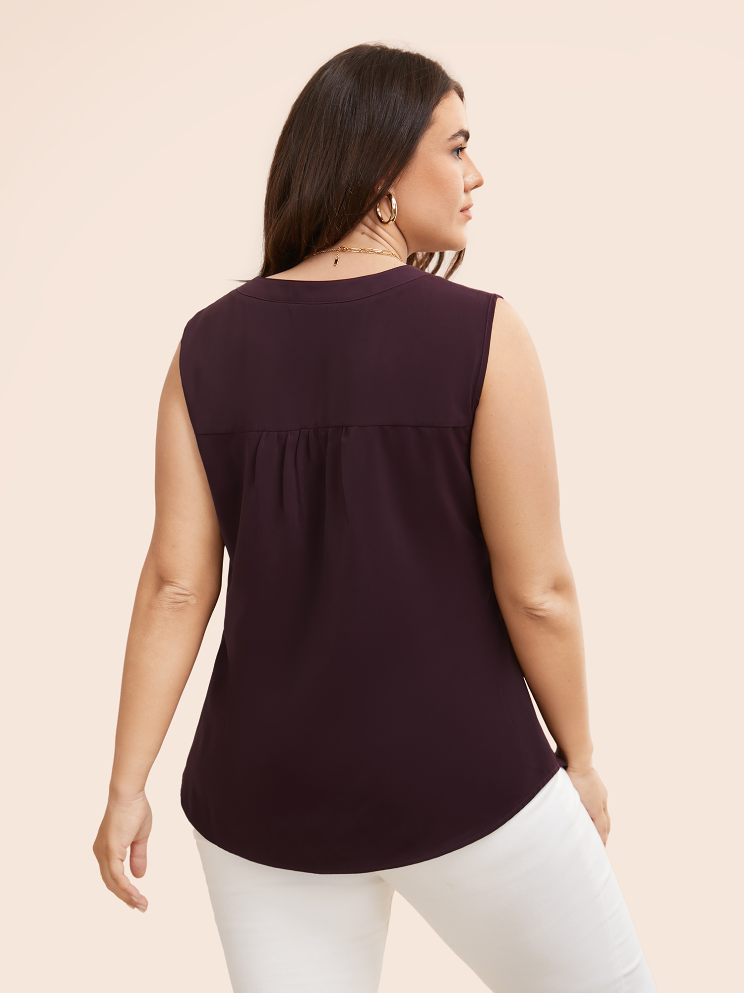 

Plus Size Solid Notched Collar Curved Hem Tank Top Women Eggplant Elegant Gathered Notched collar Everyday Tank Tops Camis BloomChic