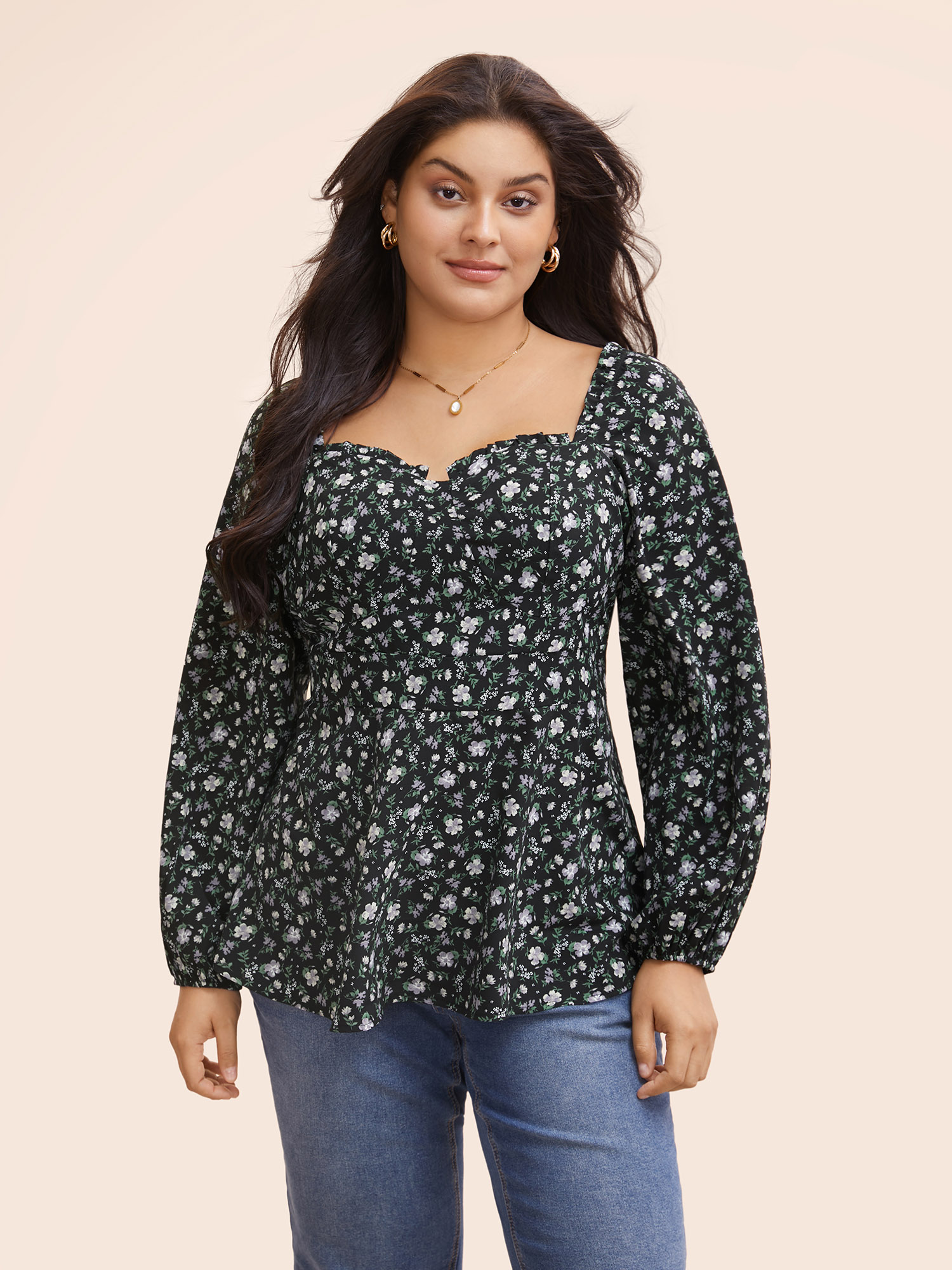 

Plus Size Black Heart Neckline Ditsy Floral Shirred Blouse Women Elegant Long Sleeve Heart neckline Everyday Blouses BloomChic