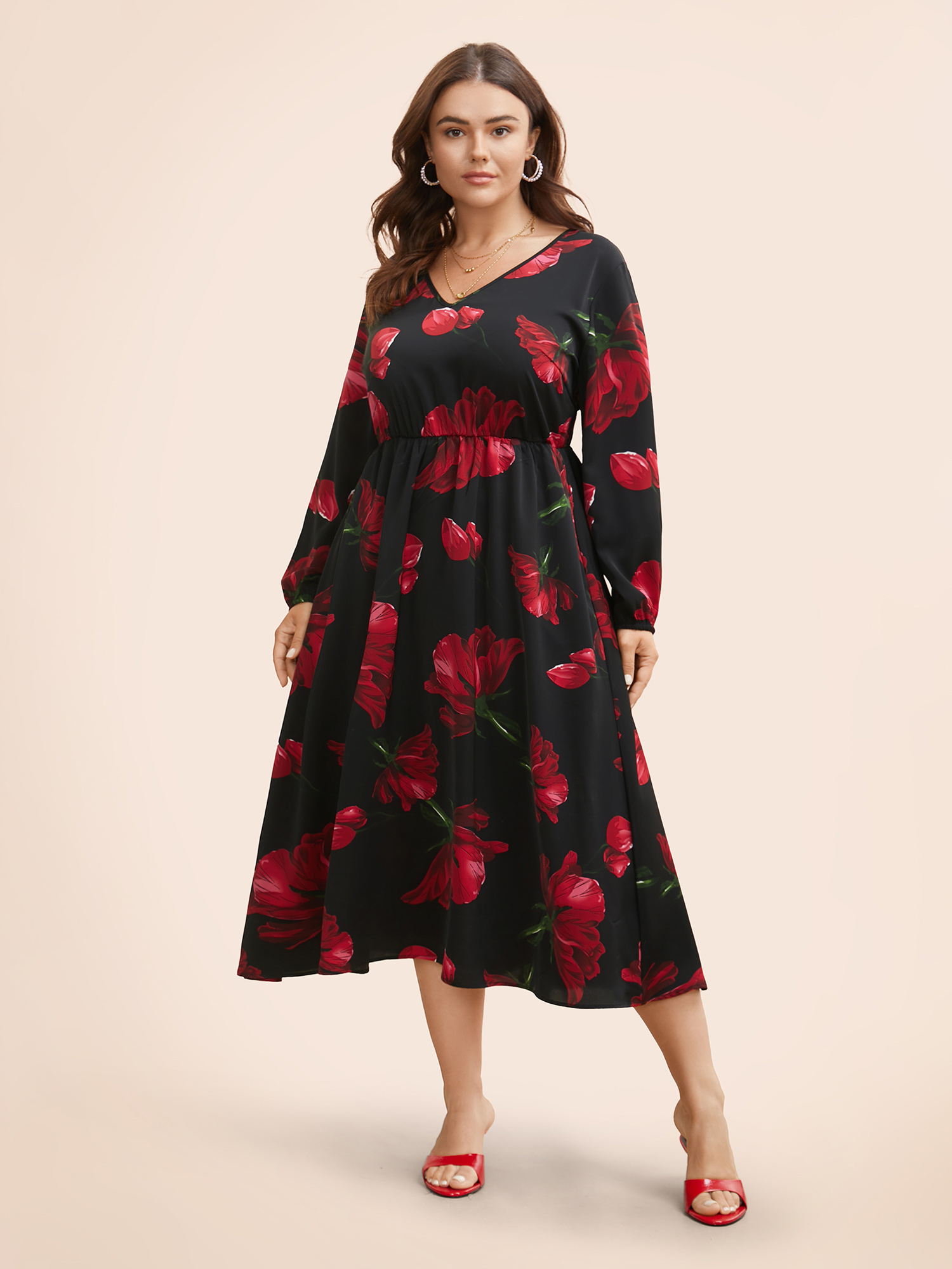 Plus Size Floral Elastic Waist Lantern Sleeve Dress Black Women Elegant Non V-neck Long Sleeve Curvy BloomChic 10/M 