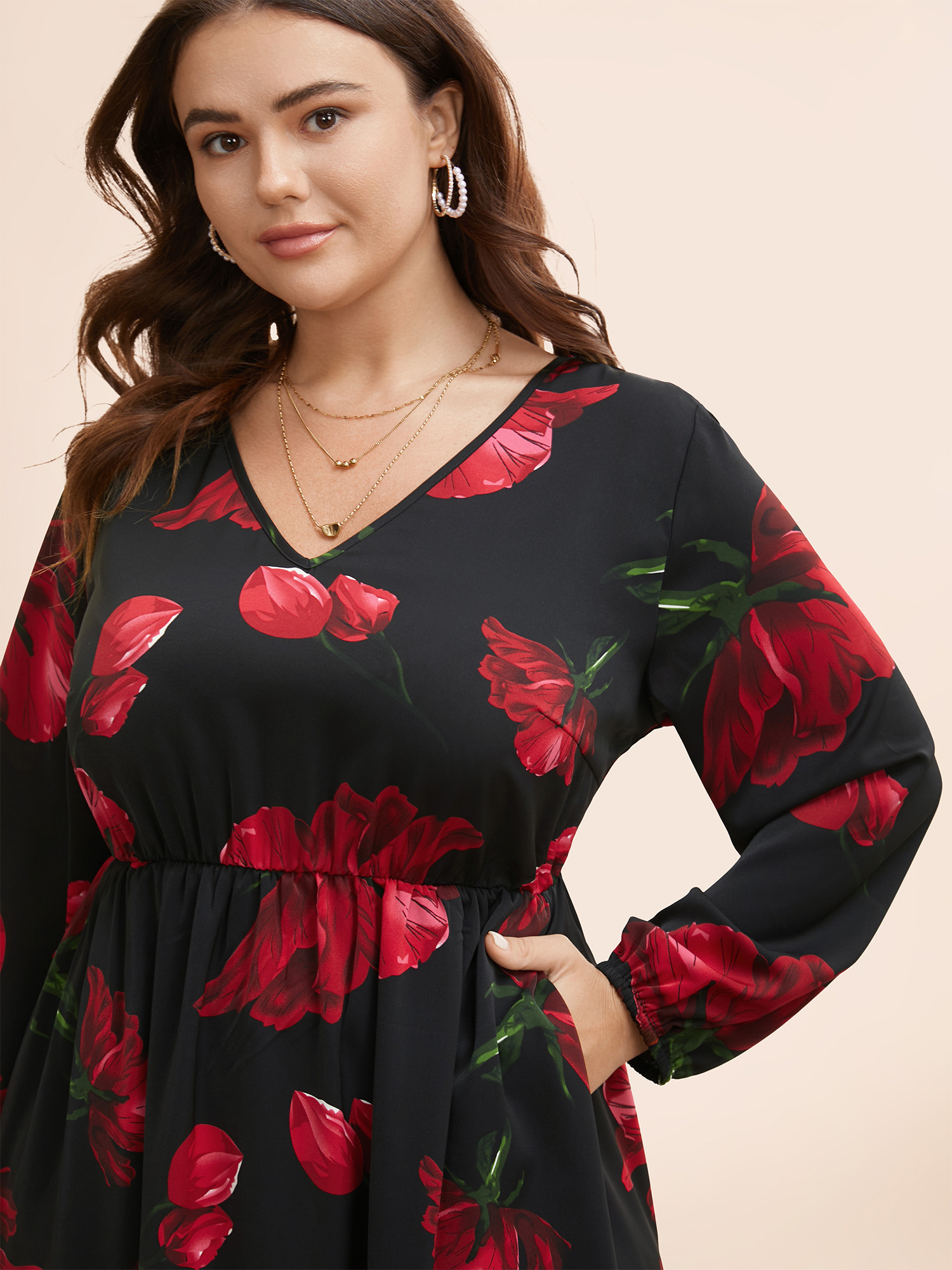 Plus Size Floral Elastic Waist Lantern Sleeve Dress Black Women Elegant Non V-neck Long Sleeve Curvy BloomChic 10/M 