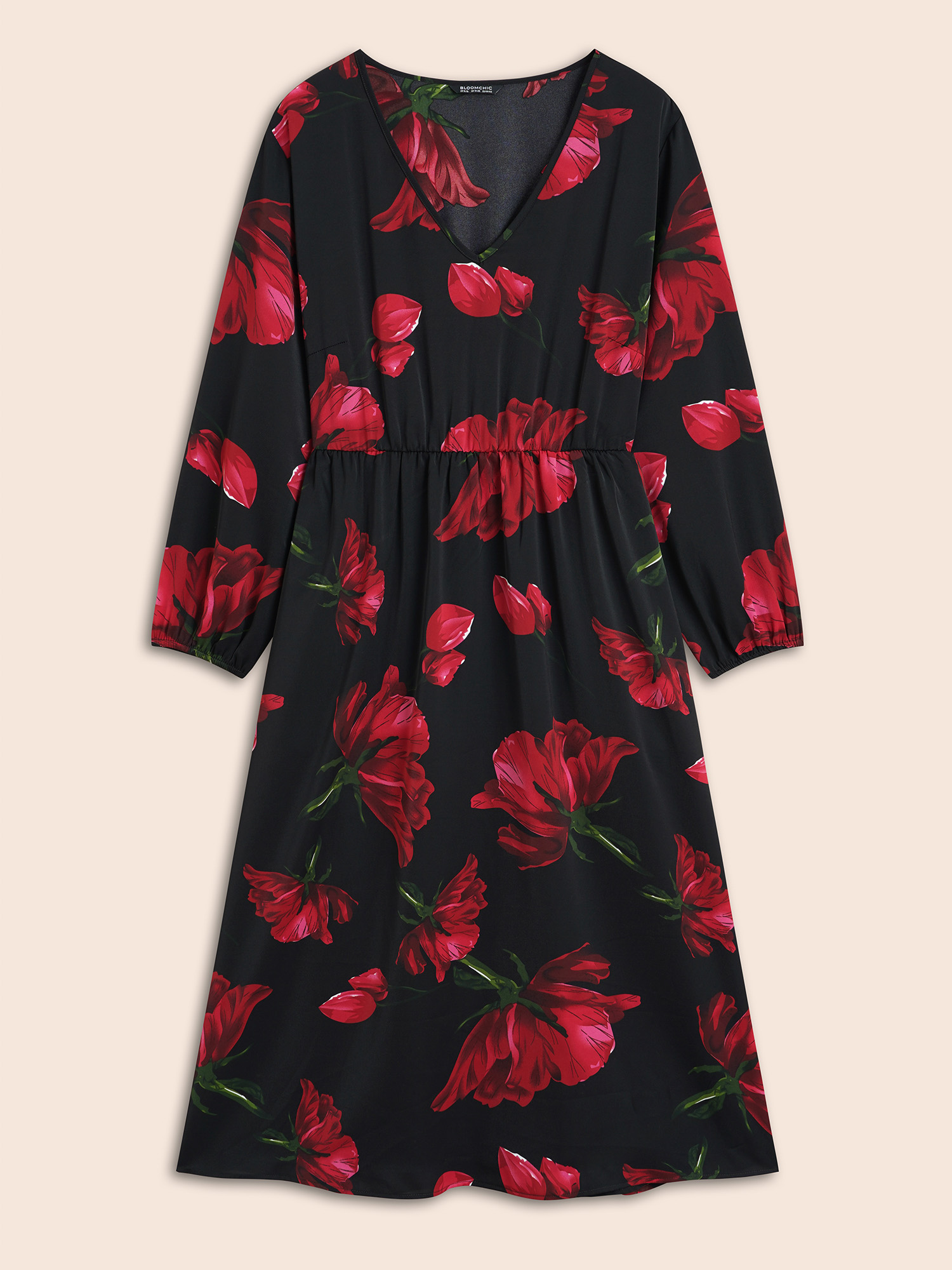 Plus Size Floral Elastic Waist Lantern Sleeve Dress Black Women Elegant Non V-neck Long Sleeve Curvy BloomChic 10/M 