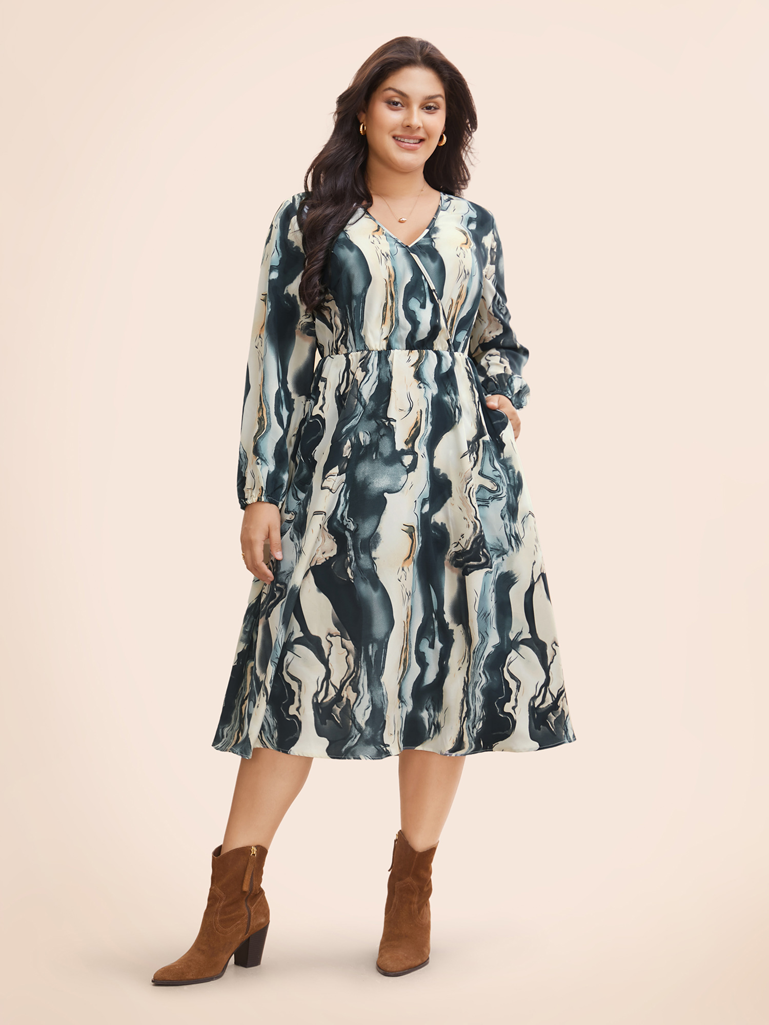 

Plus Size Watercolor Floral Overlap Collar Midi Dress Aegean Women Elegant Gathered Overlap Collar Long Sleeve Curvy BloomChic